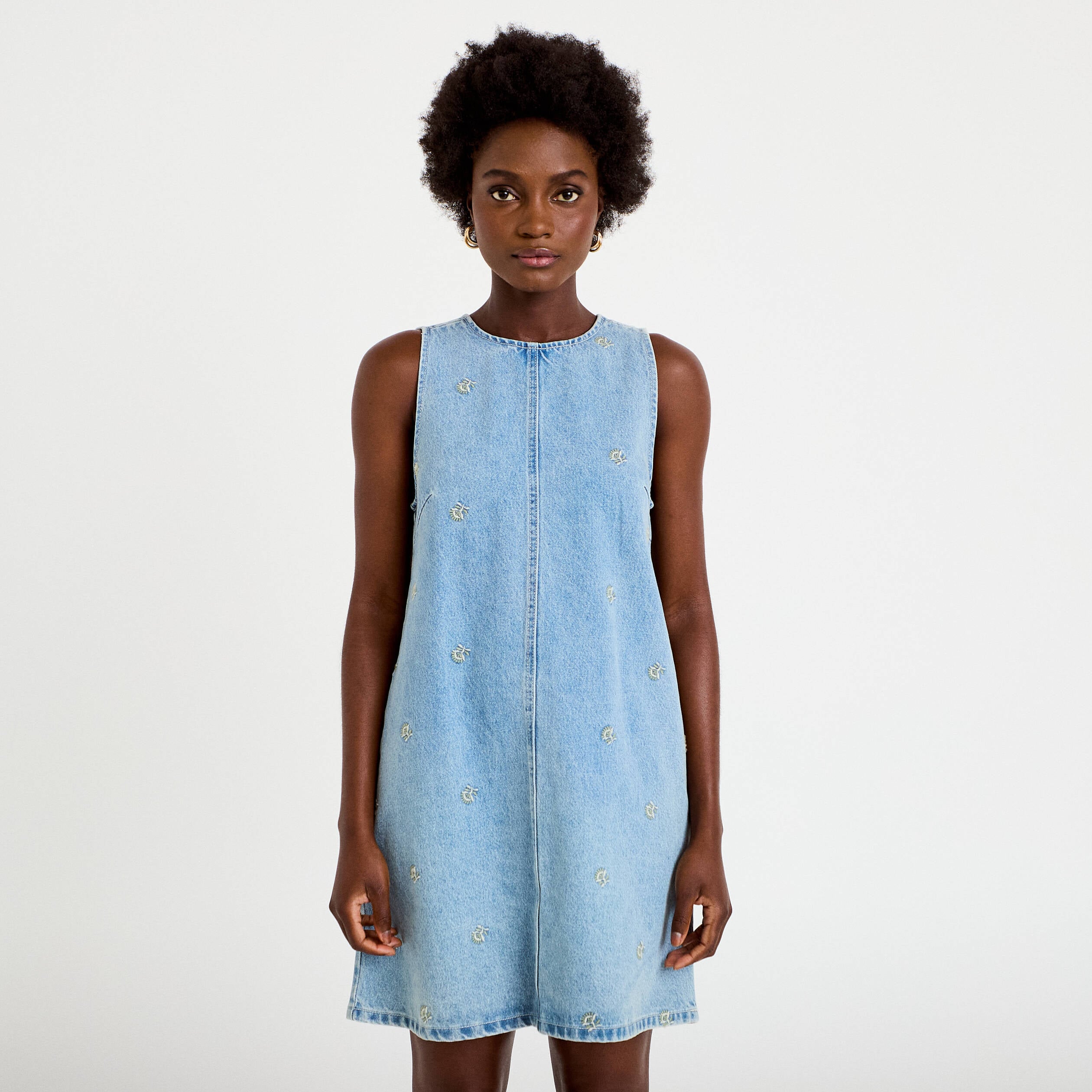 Robe courte droite en jean sans manches bleu femme