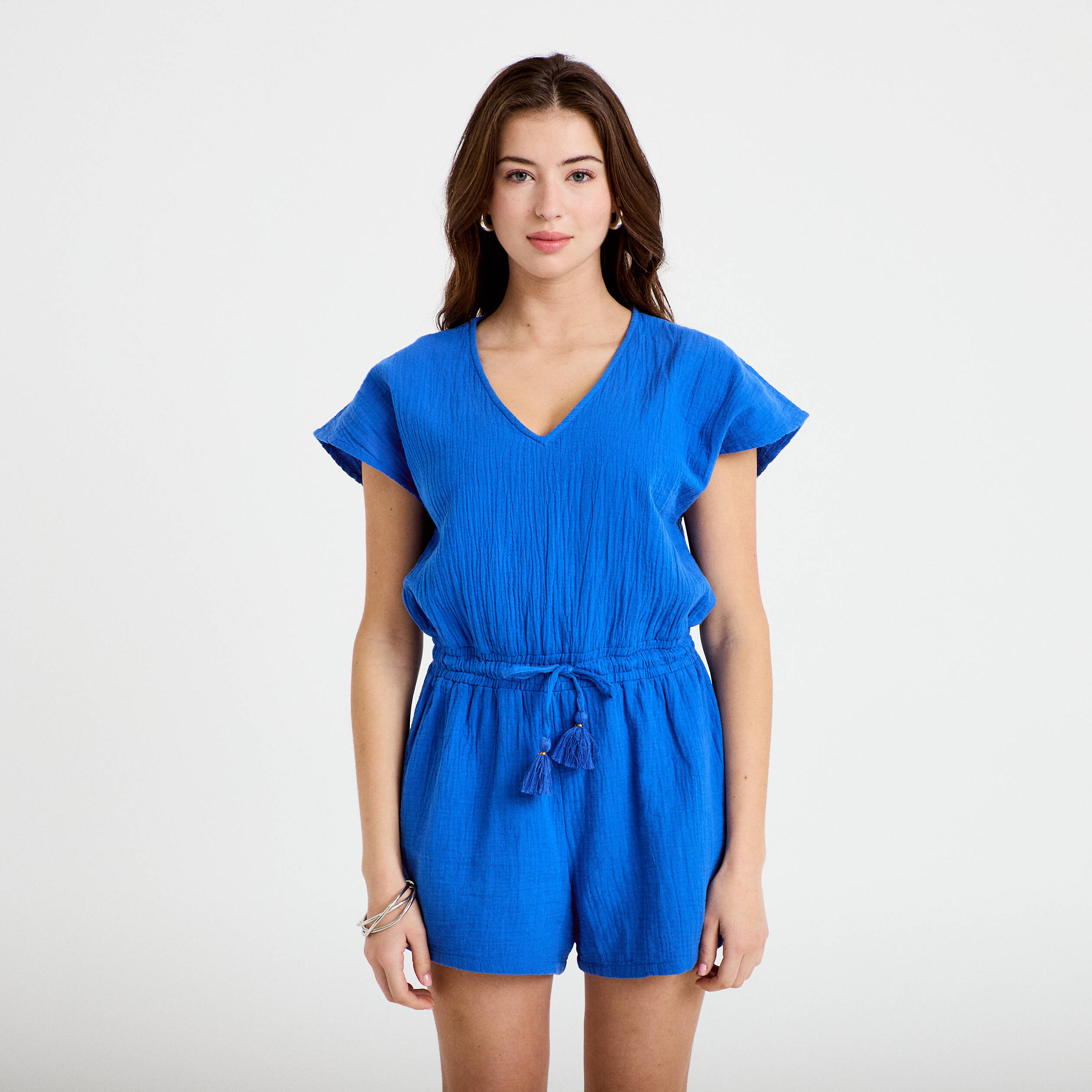Combishort pliss&eacute; bleu electrique femme