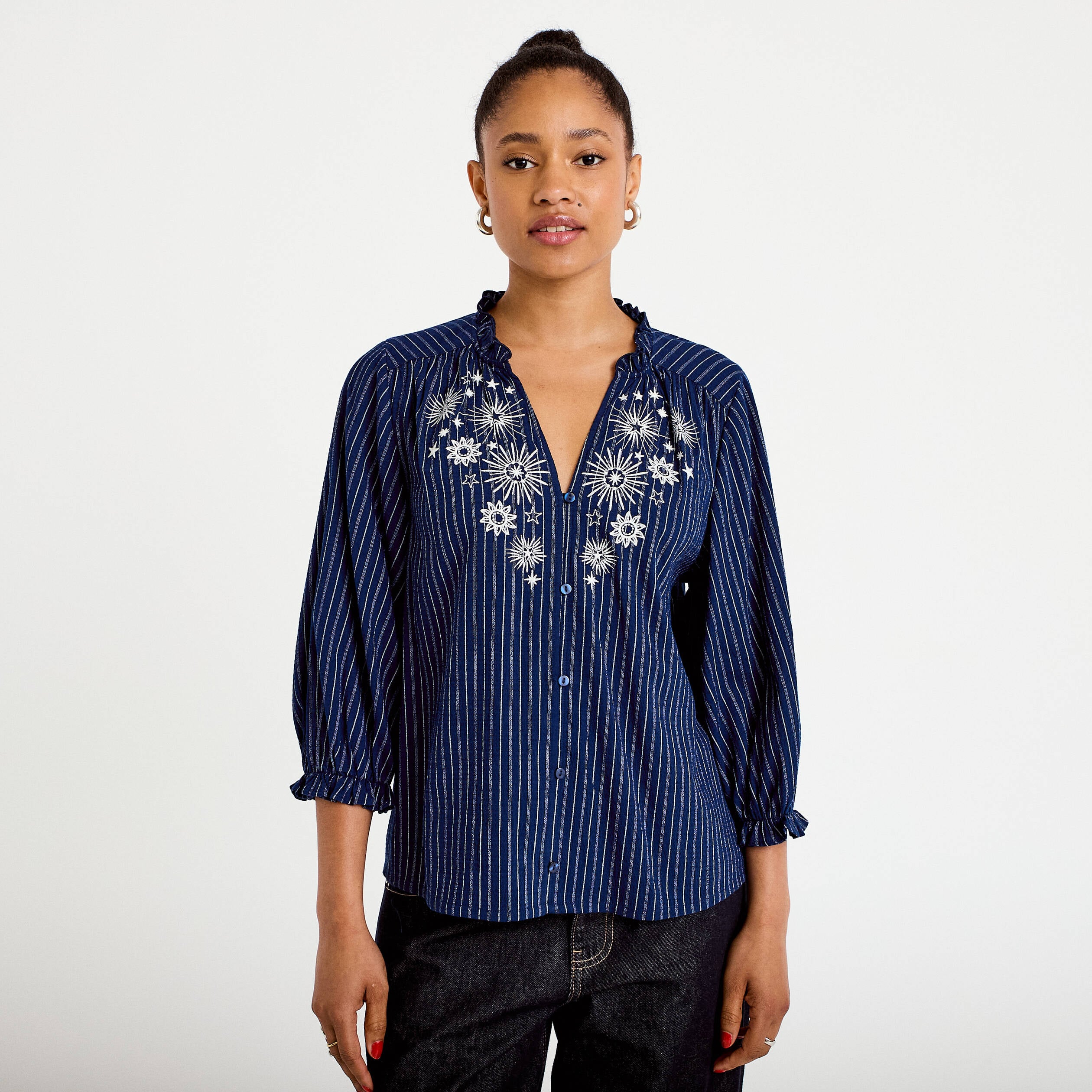 Blouse ample broderie manches 3/4 bleu femme