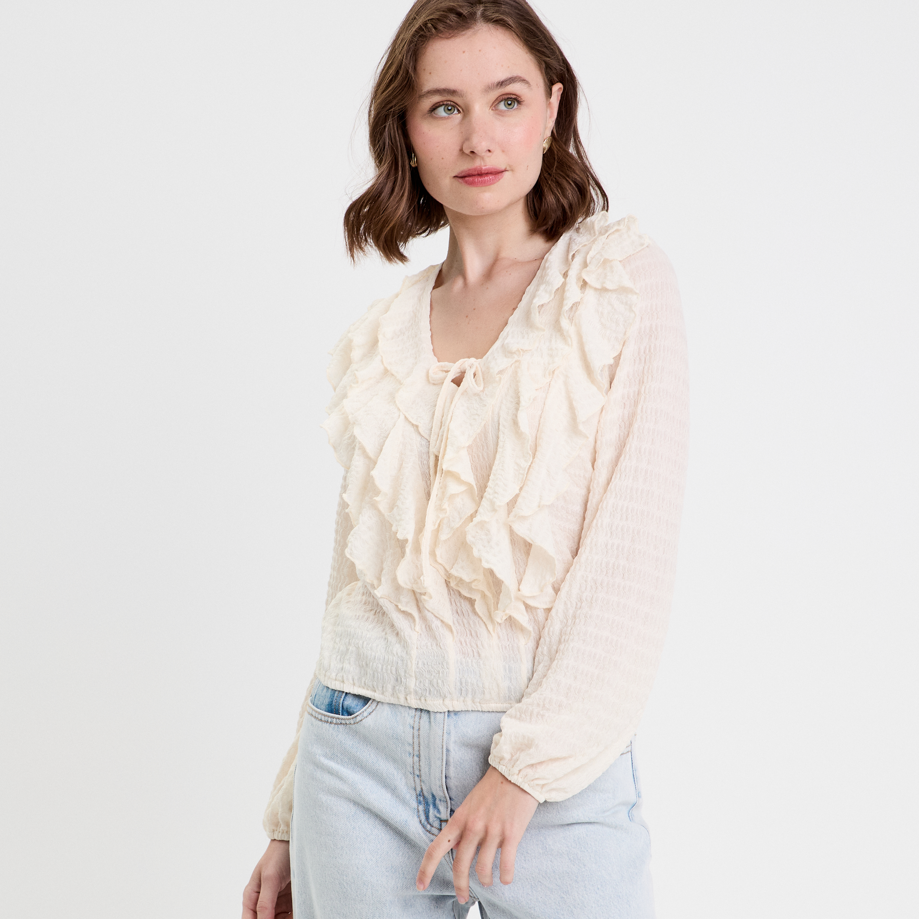 Blouse manches longues aspect dentelle ecru femme