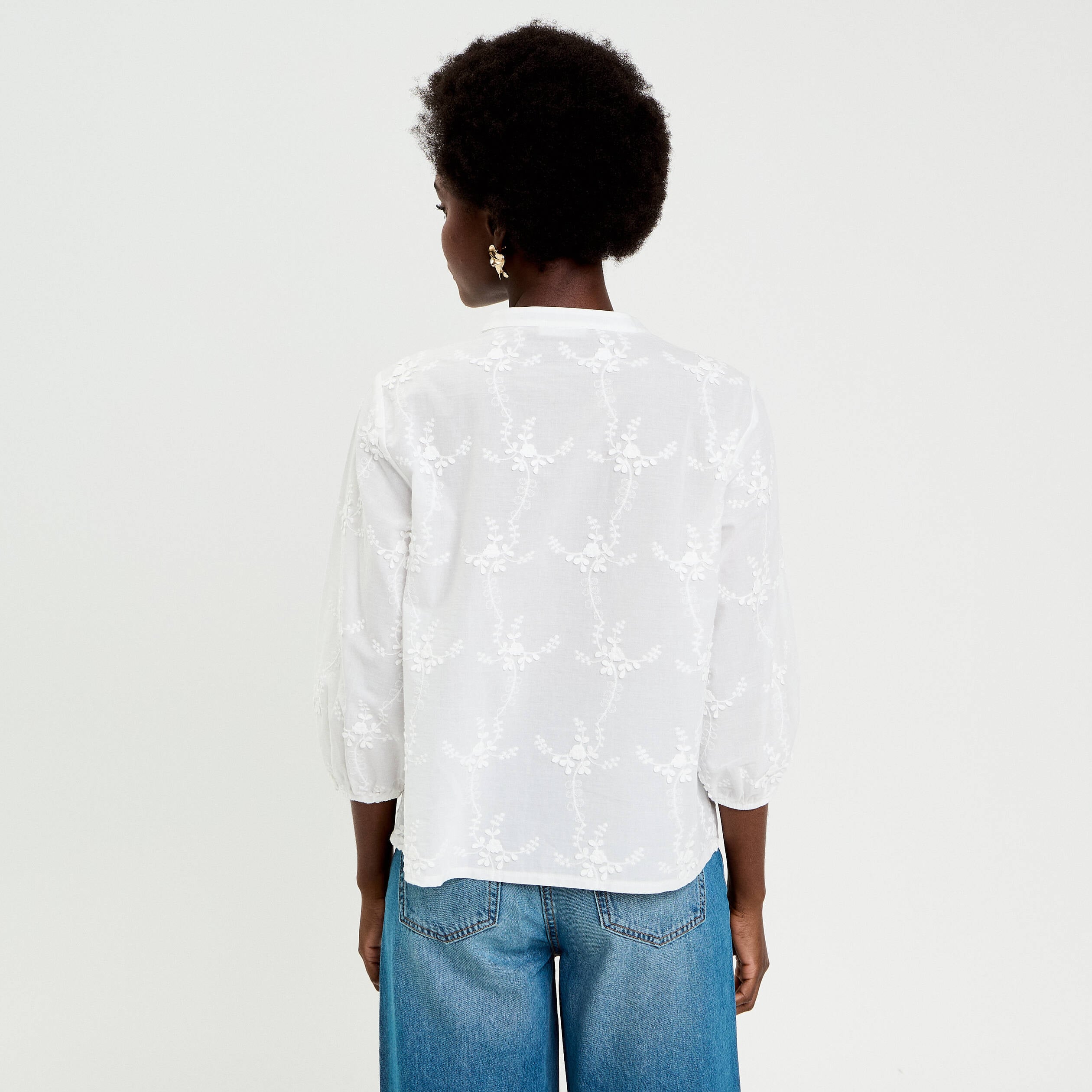 Blouse brod&eacute;e col mao manches 3/4 ecru femme