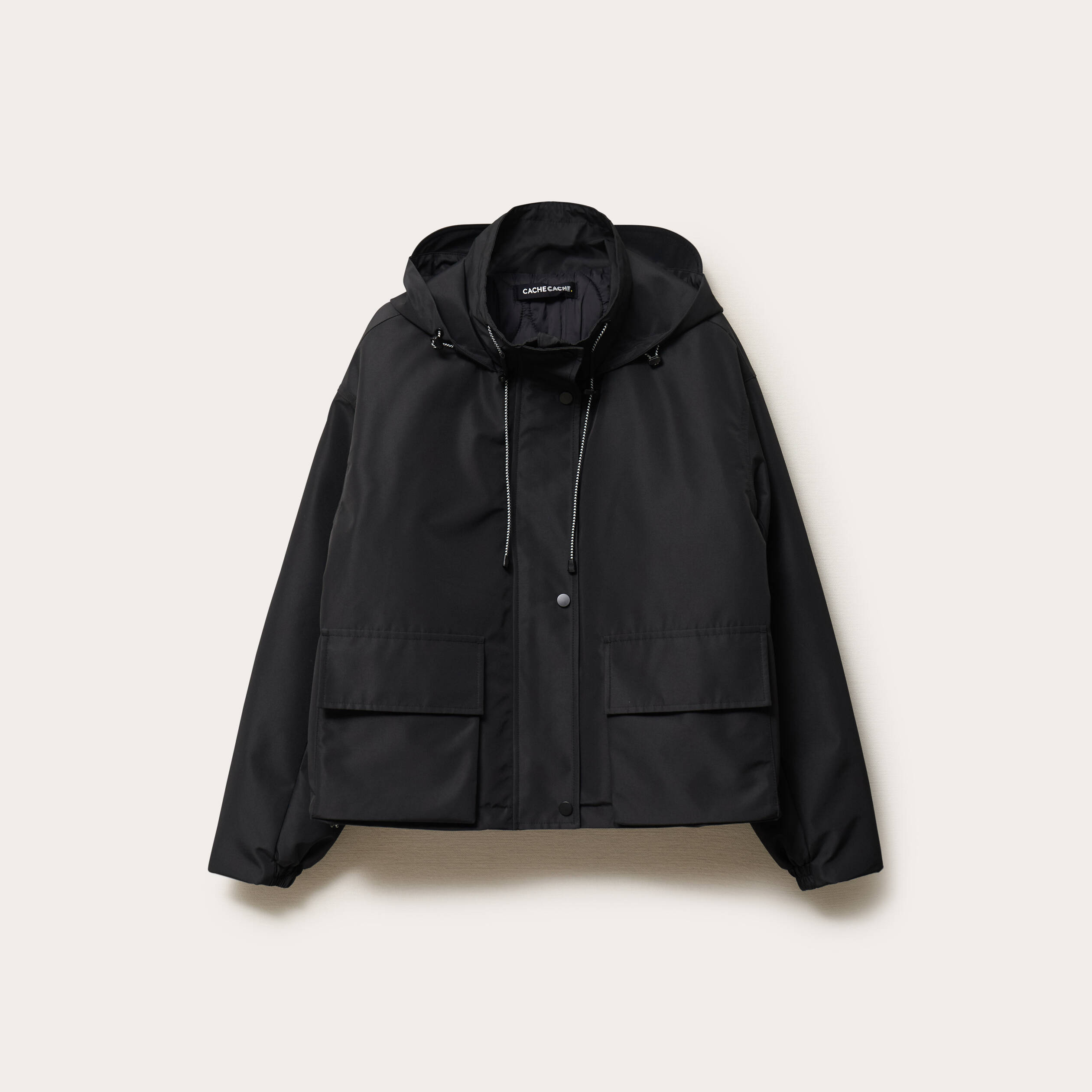 Veste courte bas resserr&eacute; &agrave; capuche noir femme