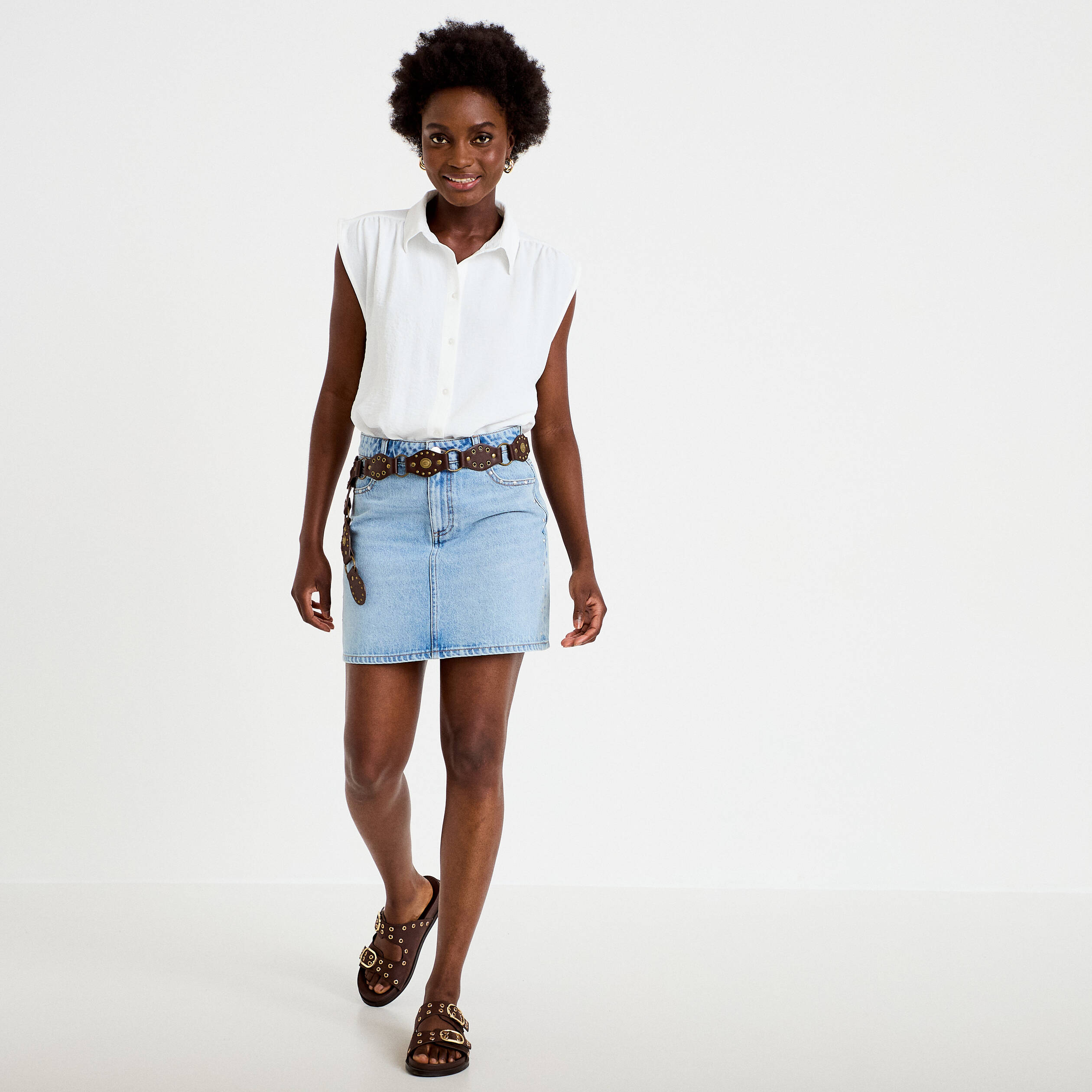 Jupe droite courte en jean clout&eacute;e denim double stone femme
