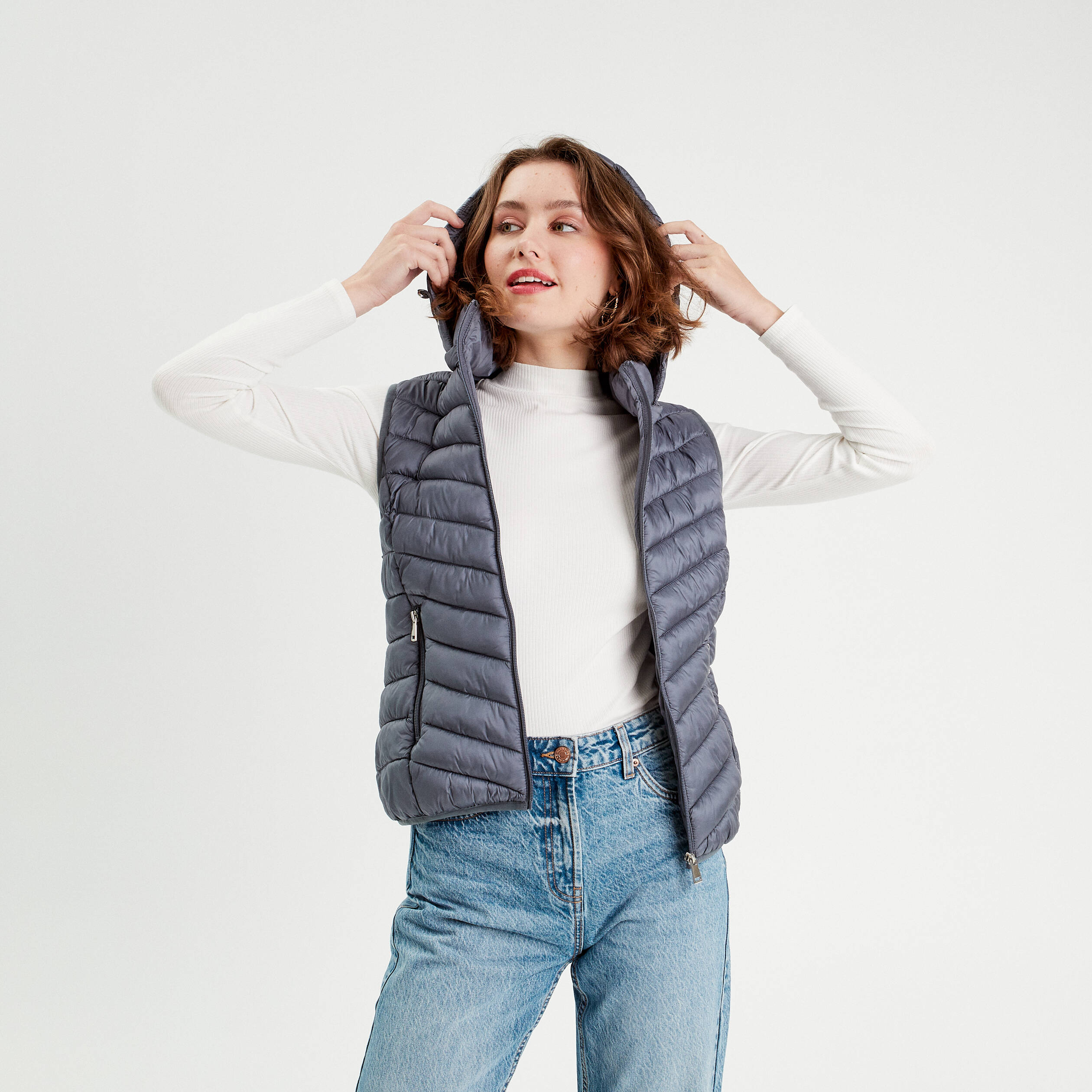 Doudoune sans manches capuche bleu gris femme Vibs