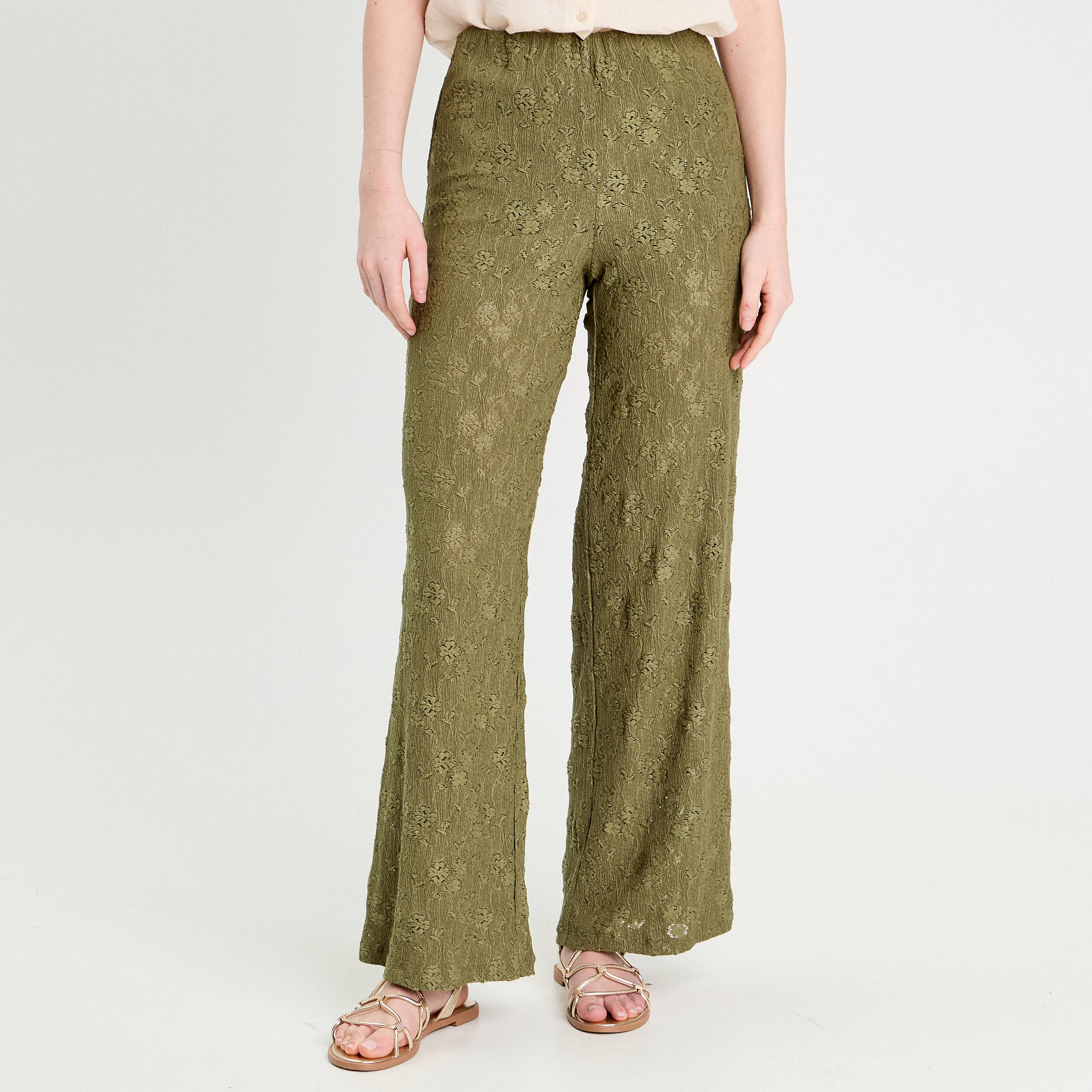 pantalon large ajoure vert kaki femme Pantalon large ajouré vert kaki femme