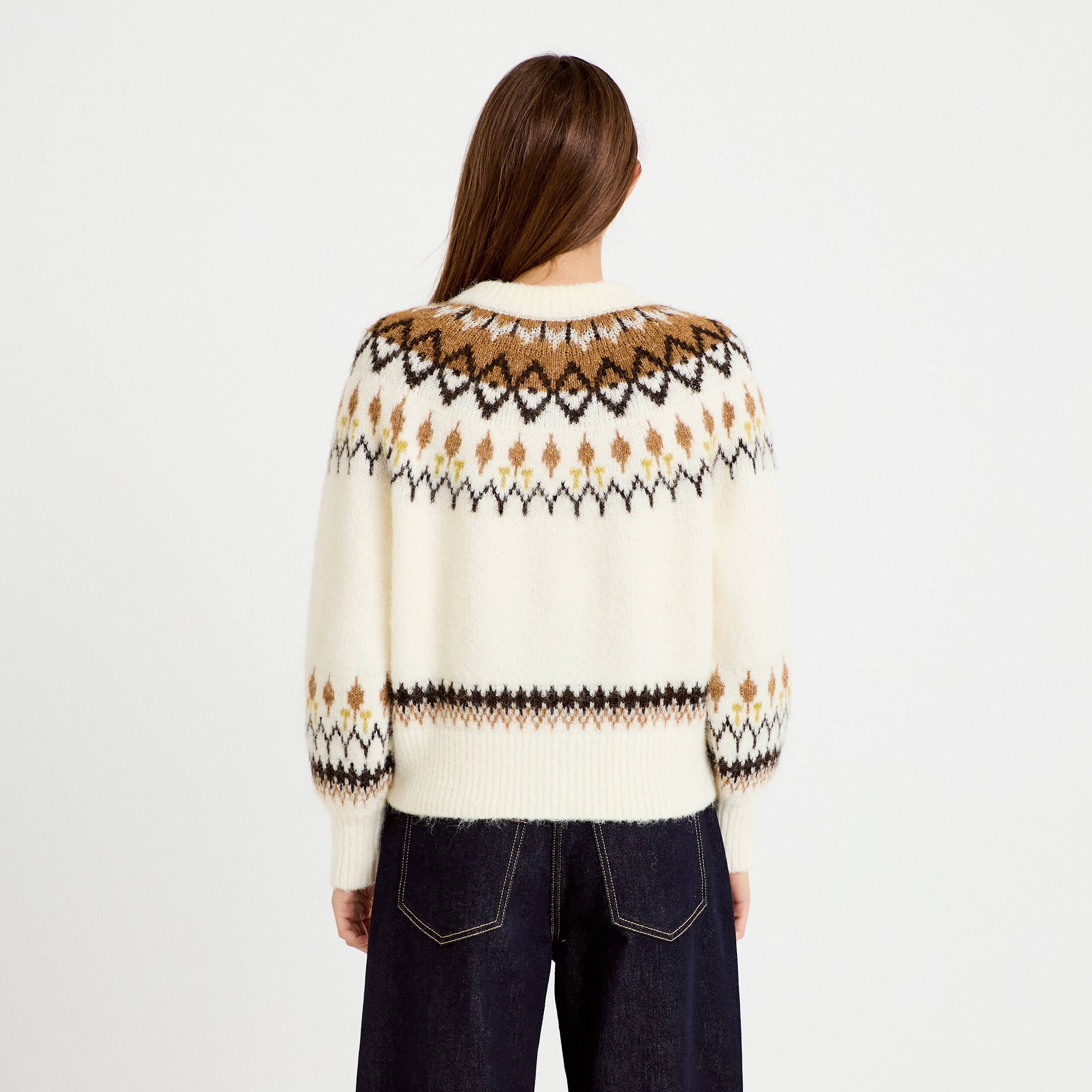 Gilet col rond manches longues ivoire femme