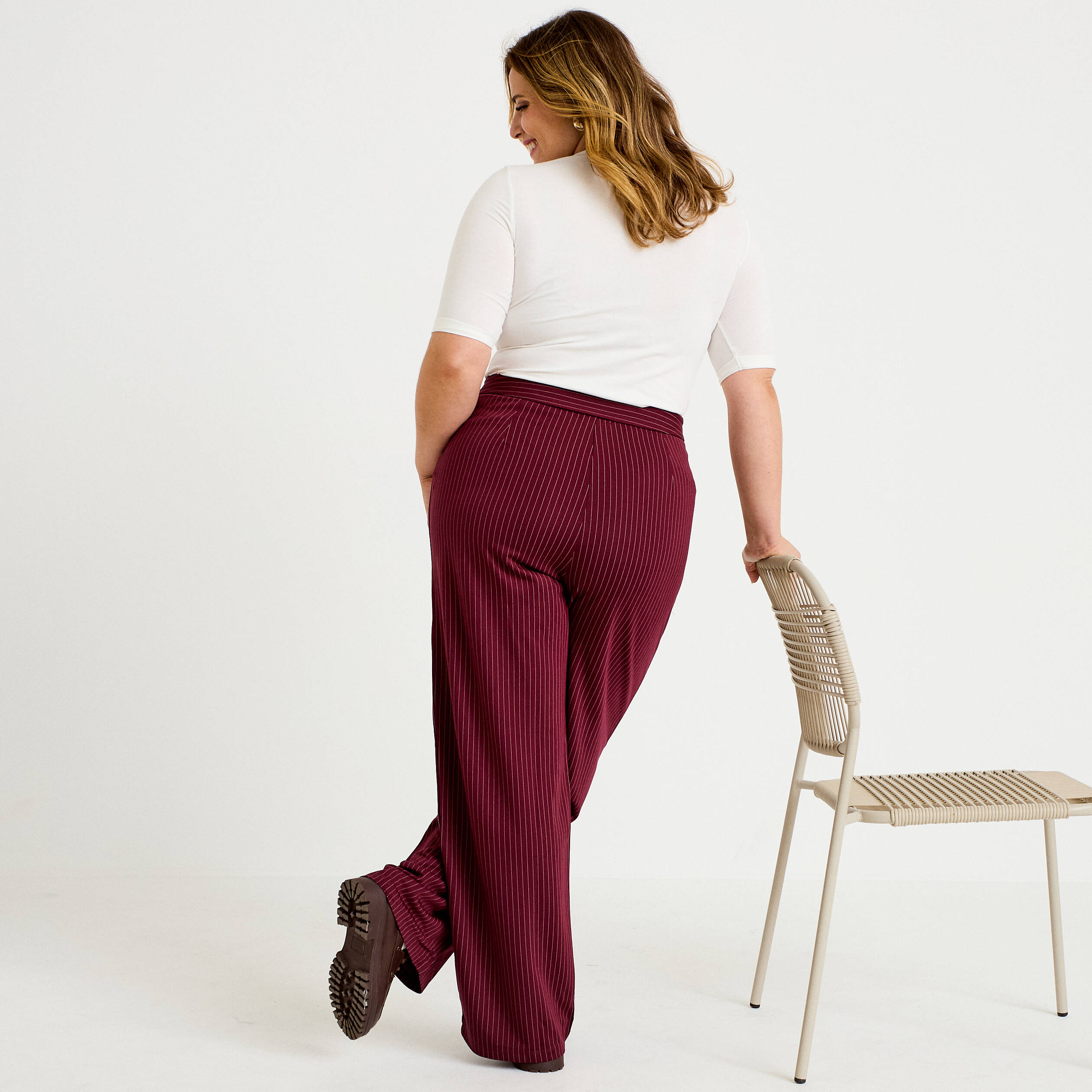 Pantalon large taille haute rouge femme