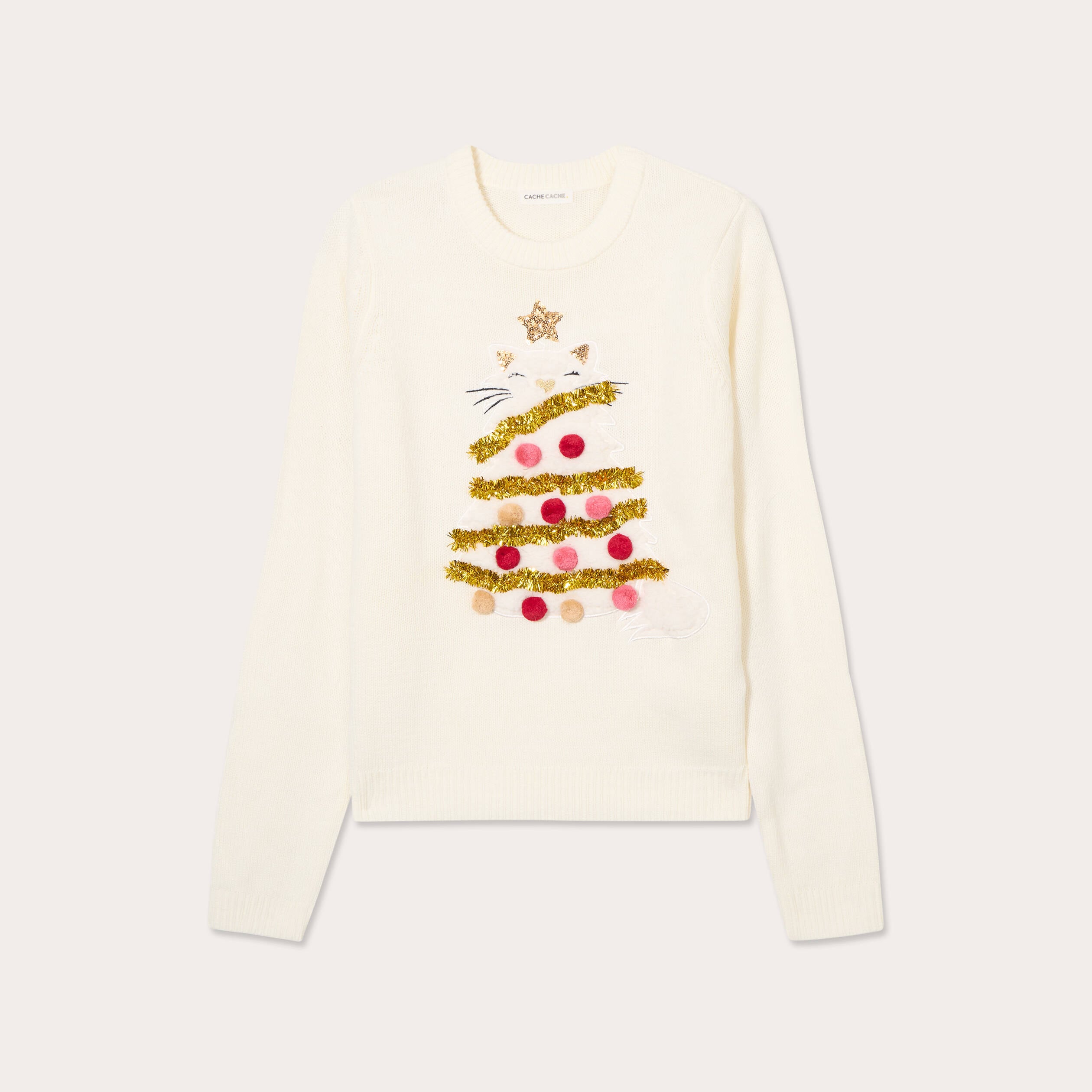 Pull pompons et guirlandes ecru femme