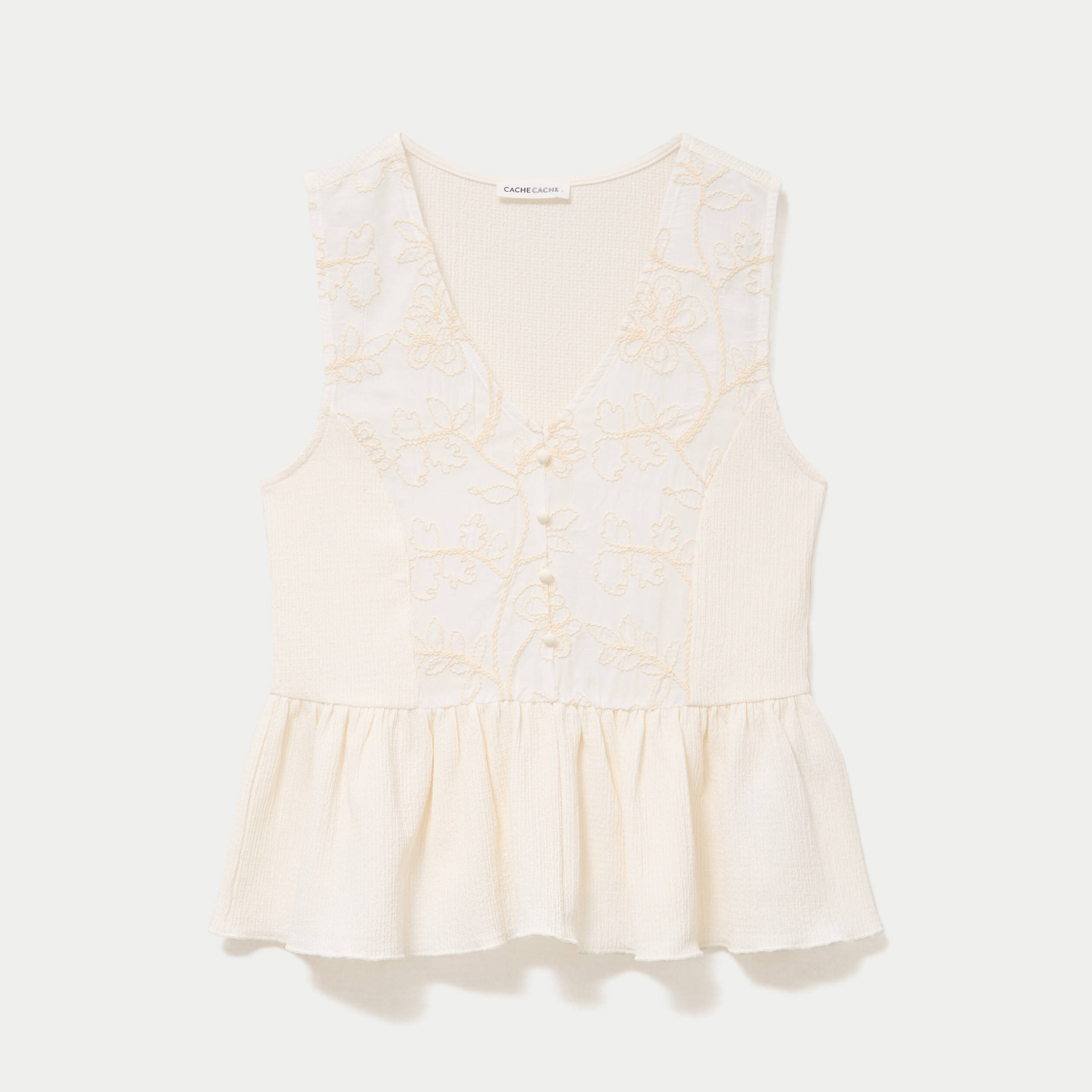 Blouse cintr&eacute;e sans manches col v ecru femme