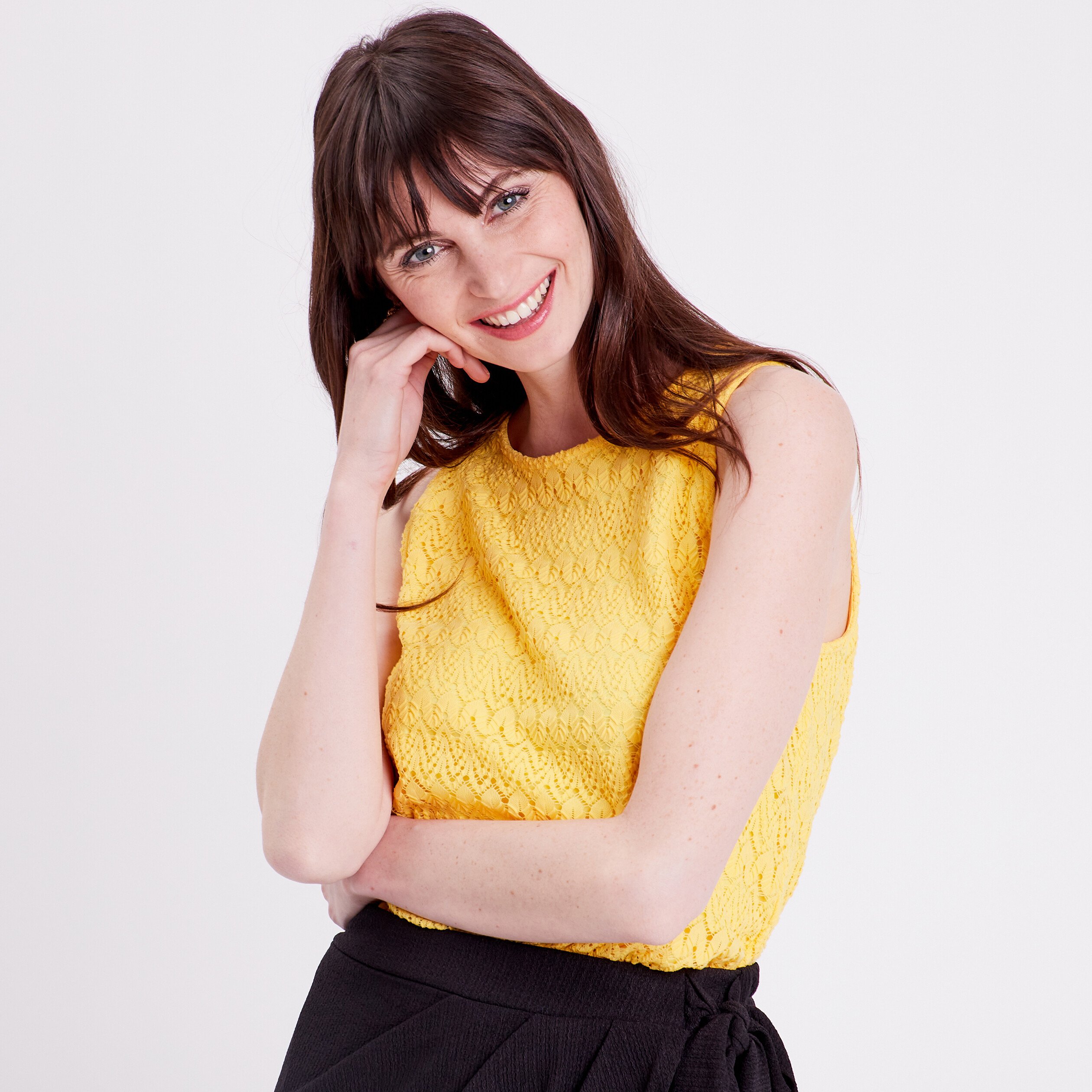 debardeur aspect crochet jaune pastel femme Débardeur aspect crochet jaune pastel femme