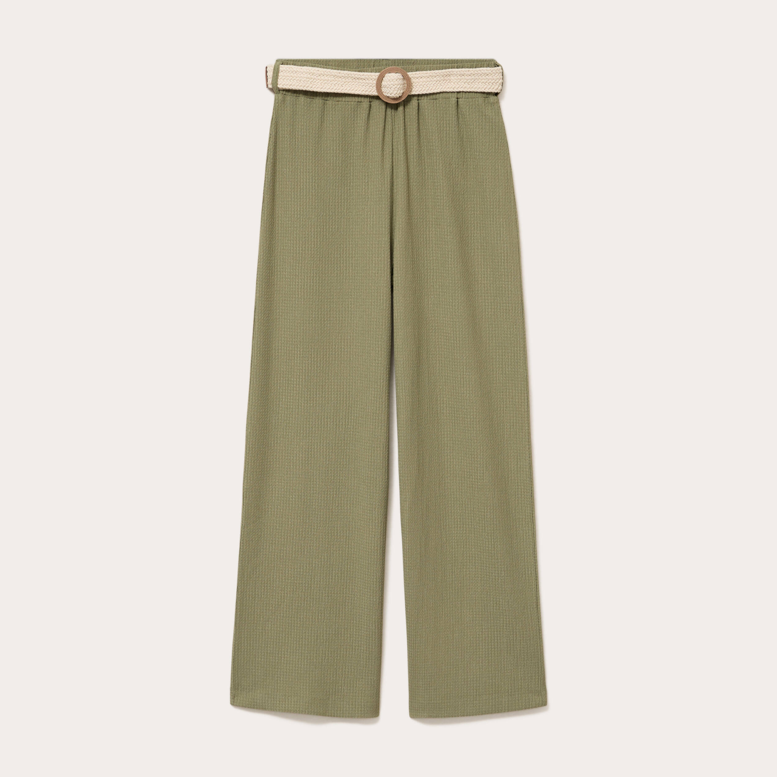 Pantalon large fluide ceintur&eacute; vert kaki femme