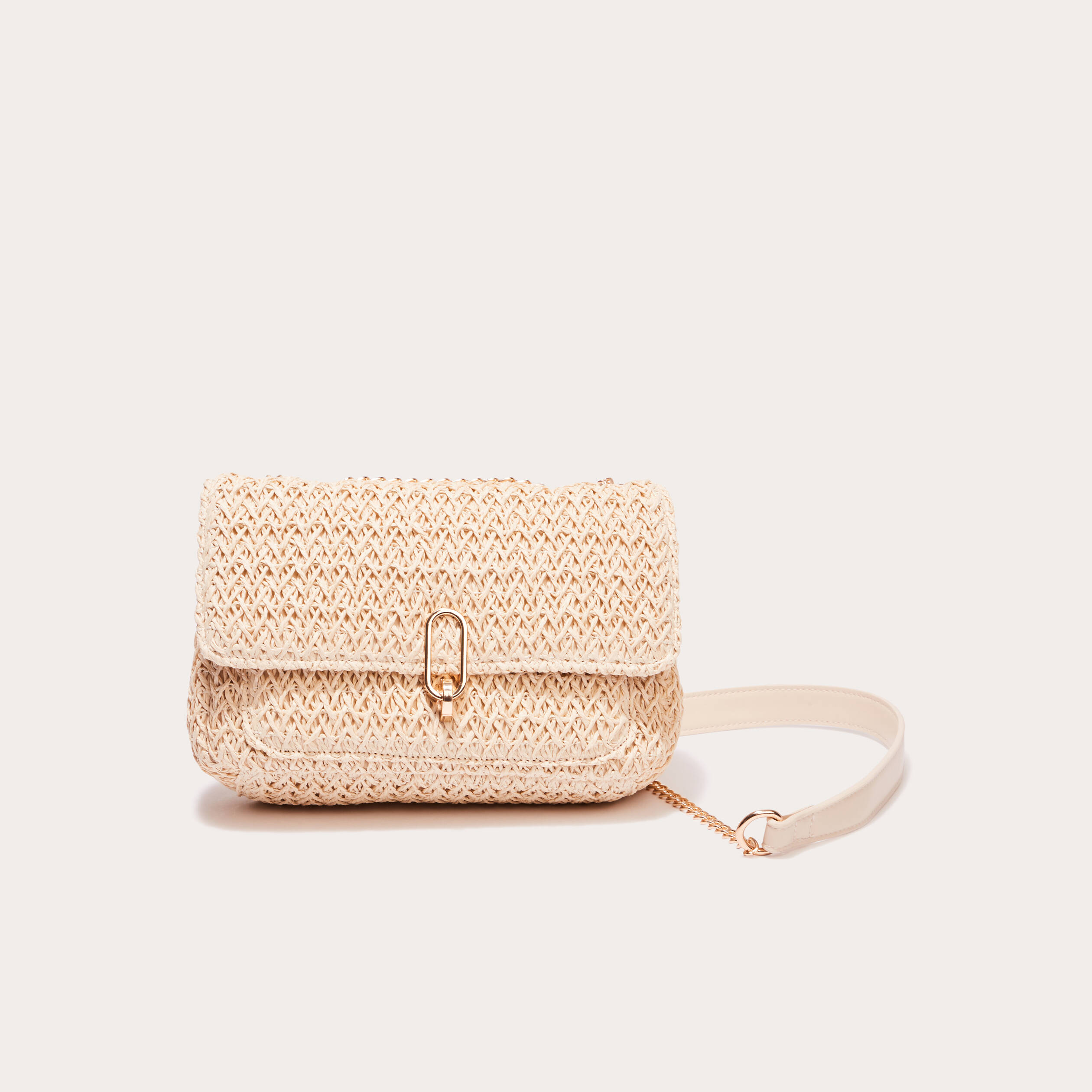 Sac Bandoulière Femme à Rabat Magnétique - Tressé Paille Beige, Chaîne Or - Taille Moyenne - Neuf Sans étiquette