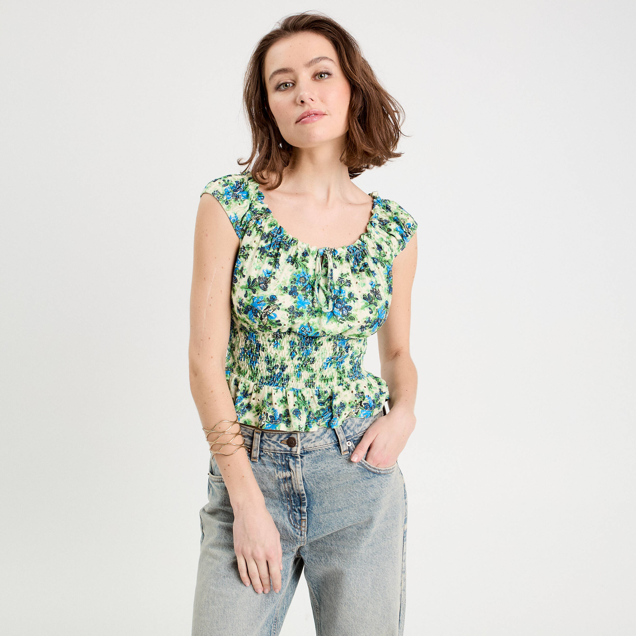 Blouse smock&eacute;e manches courtes blanc femme
