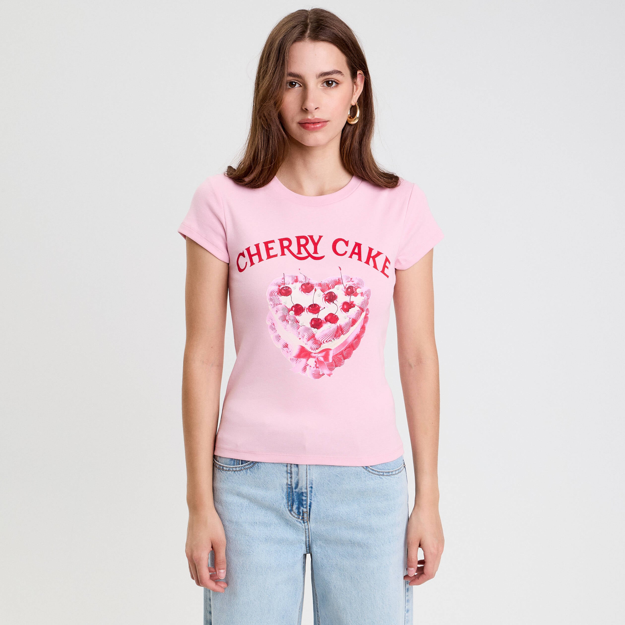 Top ajust&eacute; col rond manches courtes rose poudr&eacute;e femme