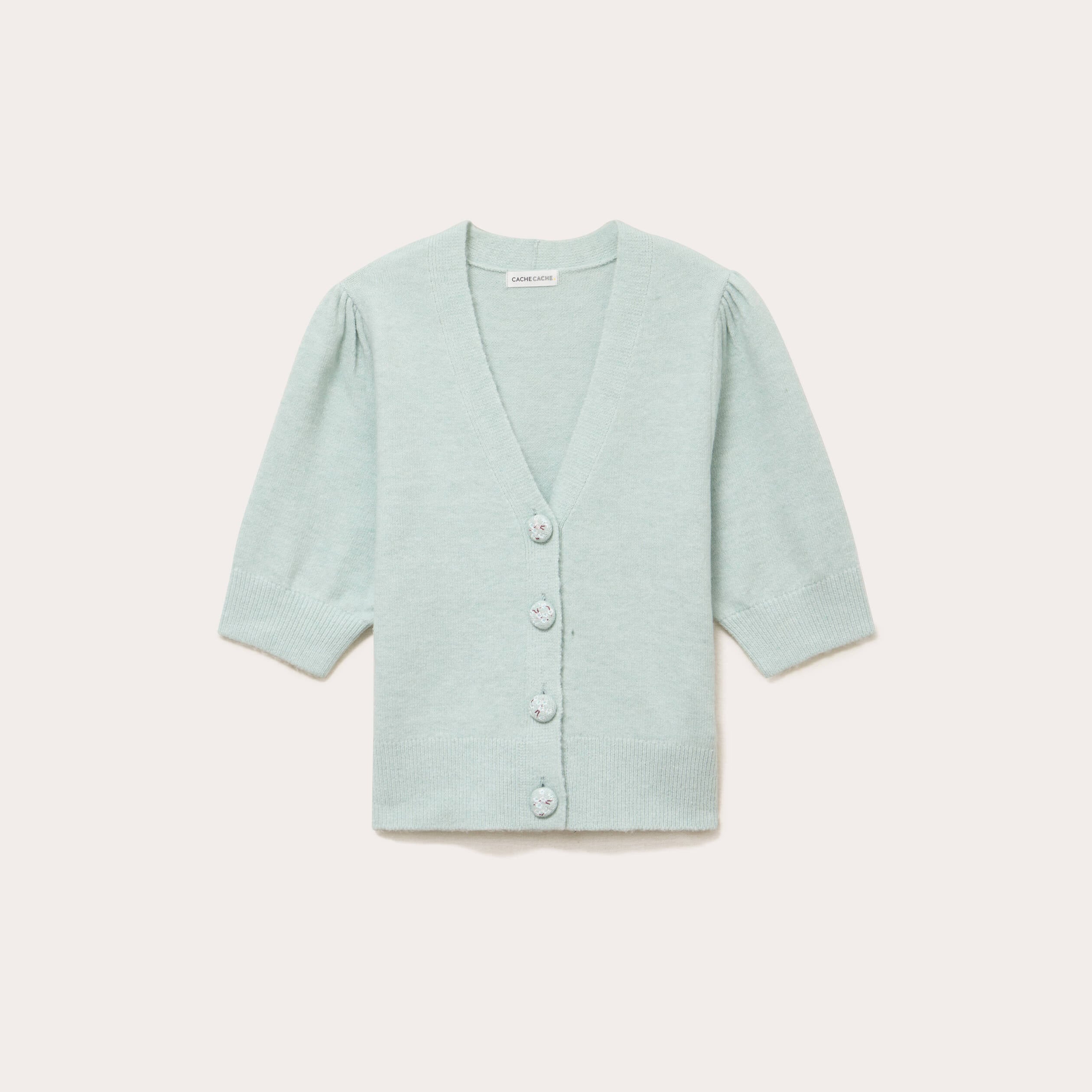Pull manches courtes boutons brod&eacute;s vert pastel femme