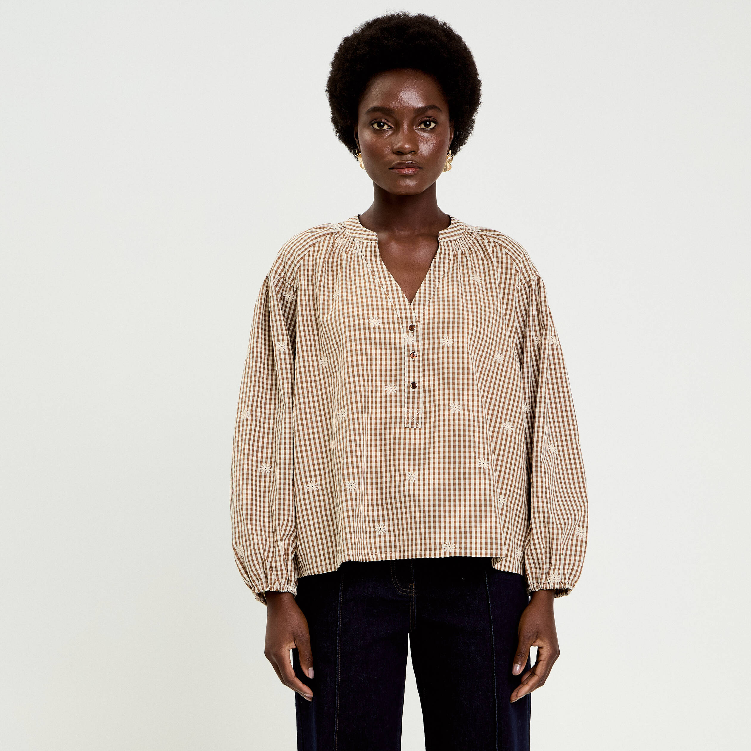 Blouse vichy brod&eacute;e blanc femme