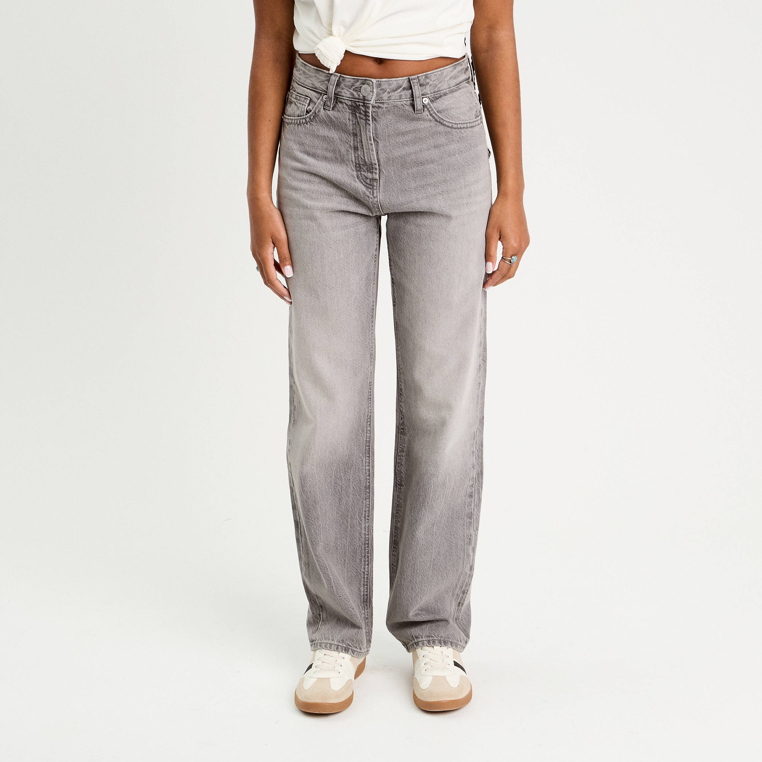 Jeans droit 5 poches denim gris femme
