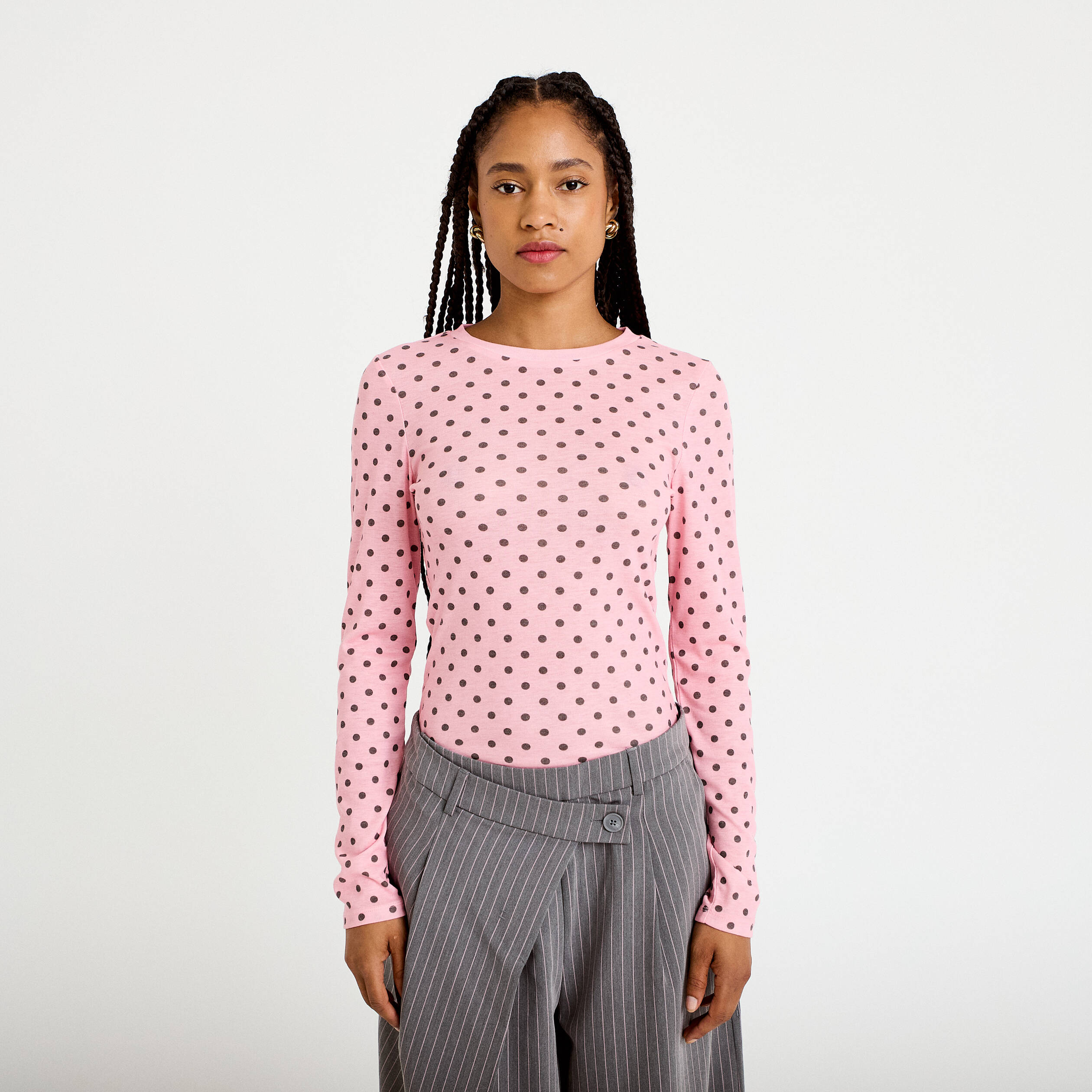 T-shirt ajust&eacute; col rond manches longues rose corail femme