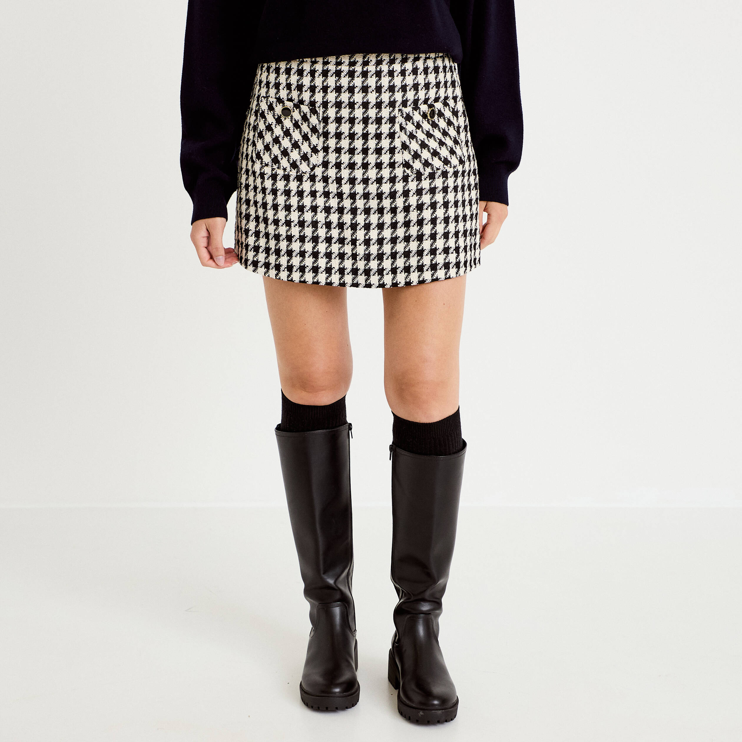 Jupe-short trap&egrave;ze tweed taille haute noir femme