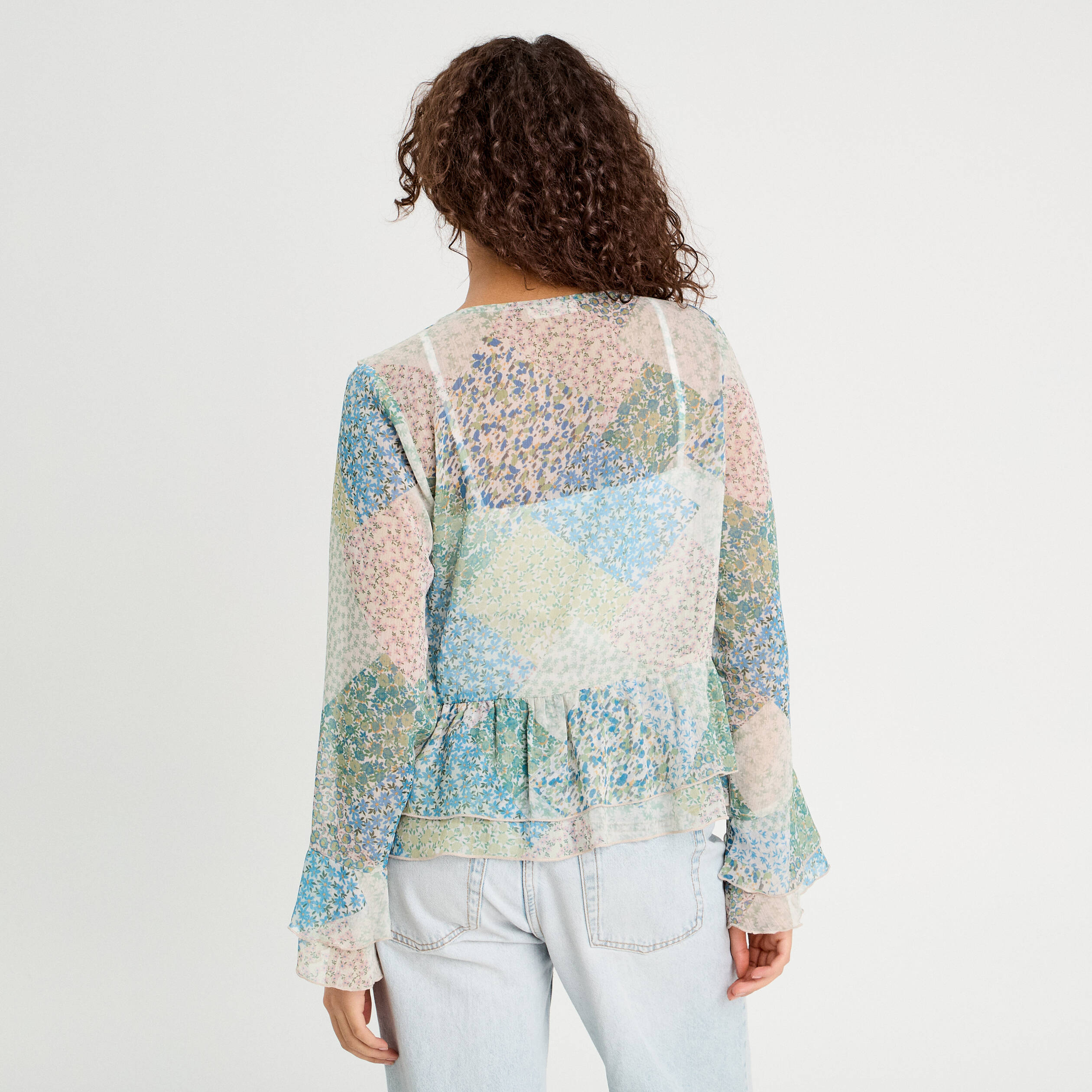 Blouse nou&eacute;e manches longues bleu pastel femme