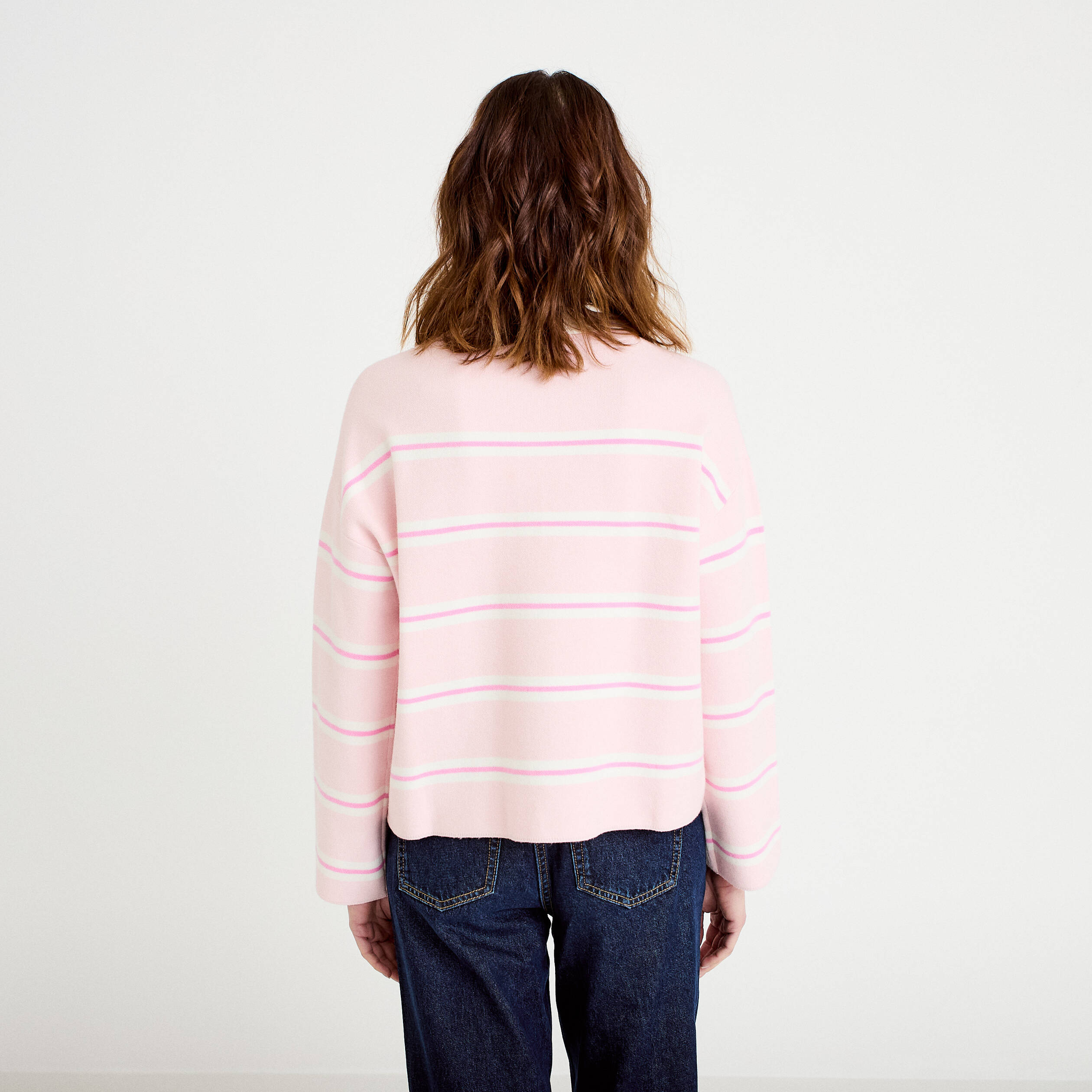 Polo manches longues col chemise rose poudr&eacute;e femme
