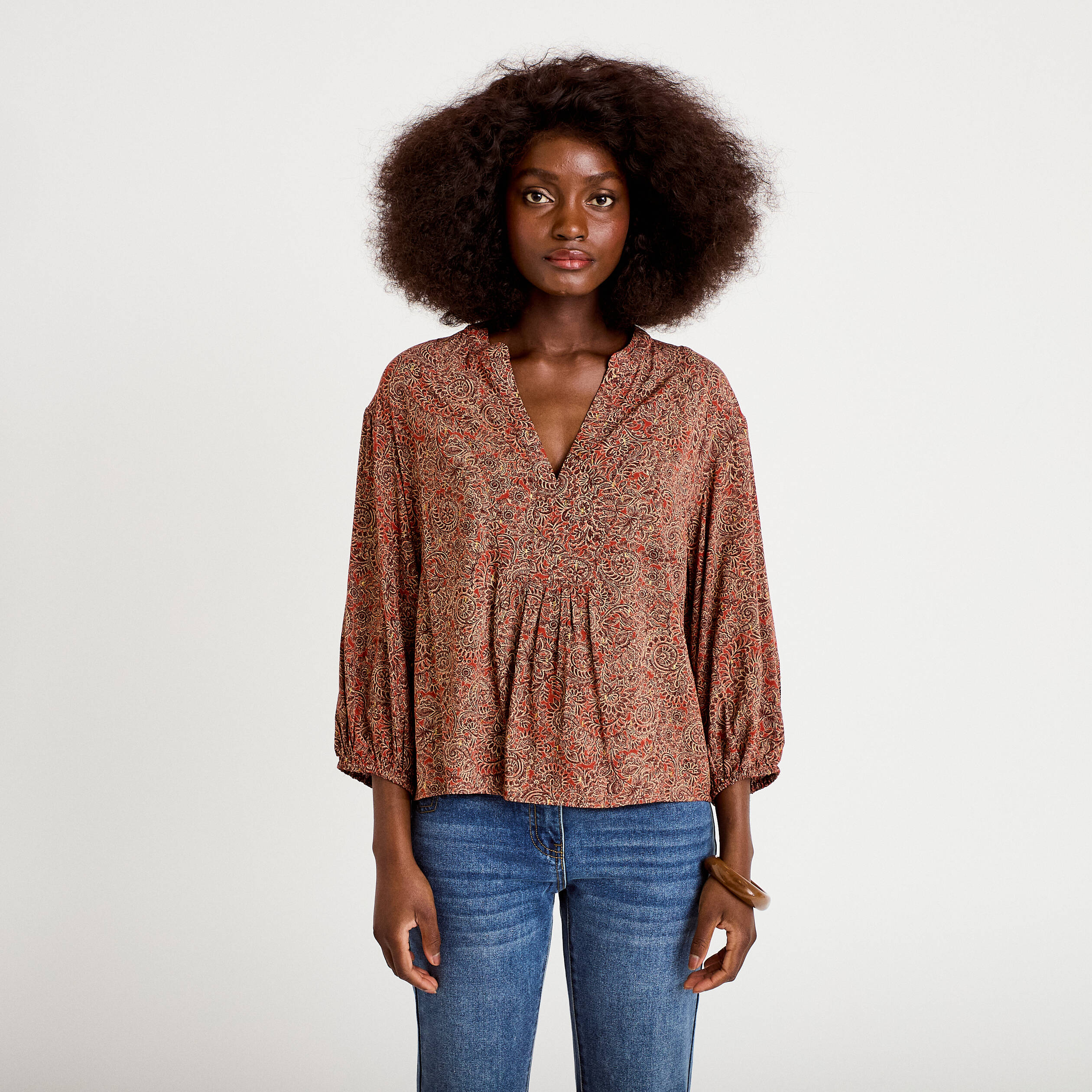 Blouse col v manches longues rouge fonc&eacute; femme