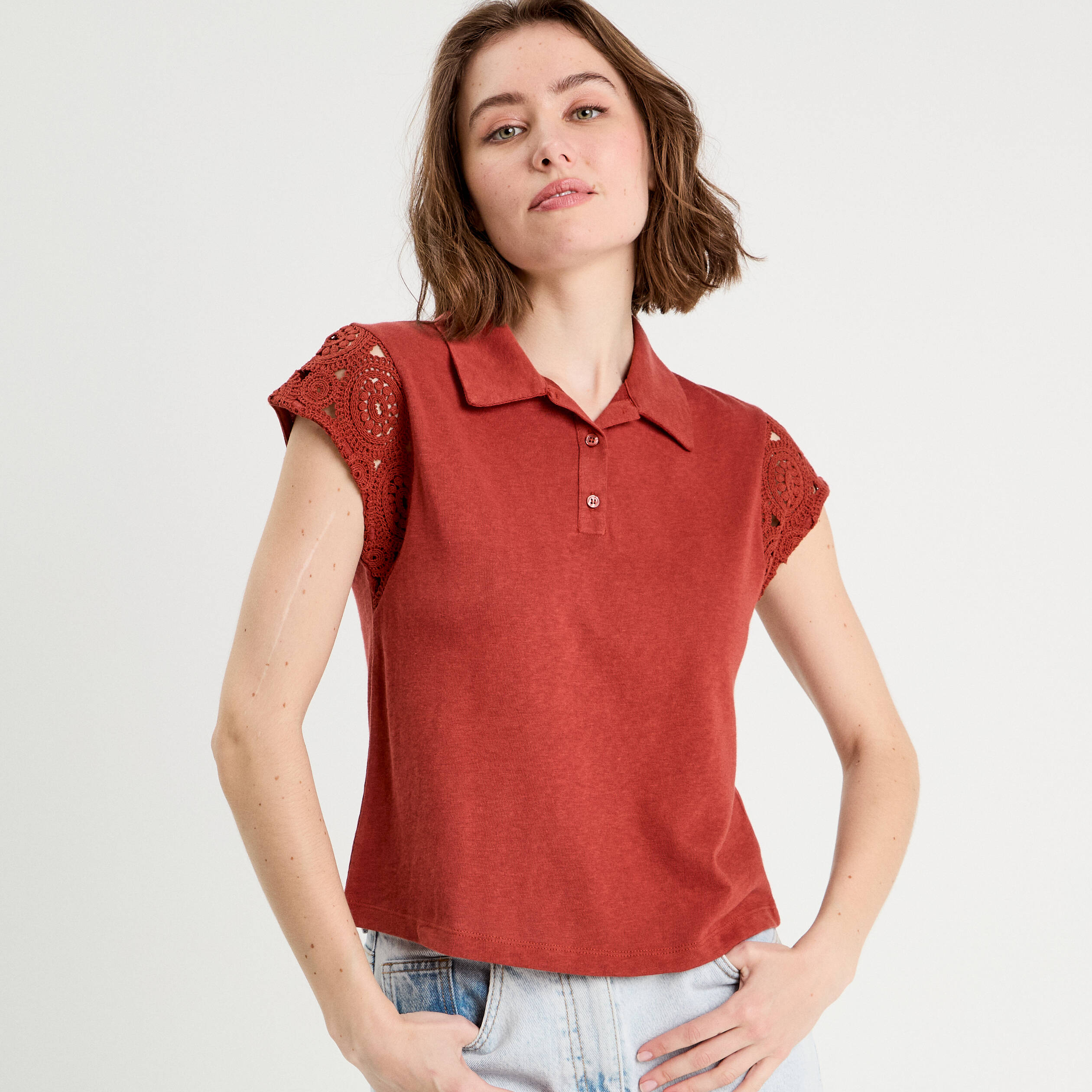 polo manches courtes marron cognac femme Polo manches courtes marron cognac femme
