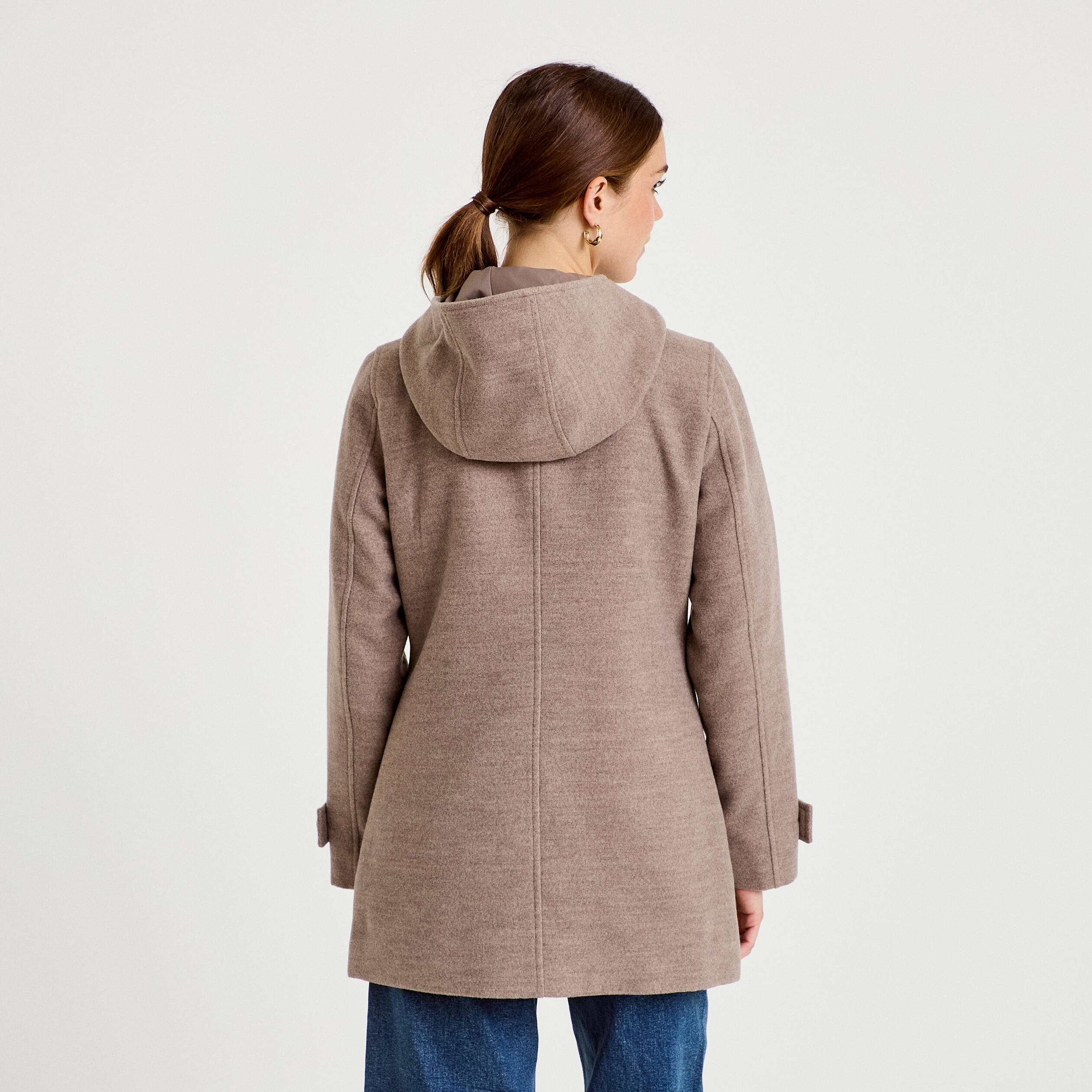 manteau ajust&eacute; 3/4 &agrave; capuche taupe femme