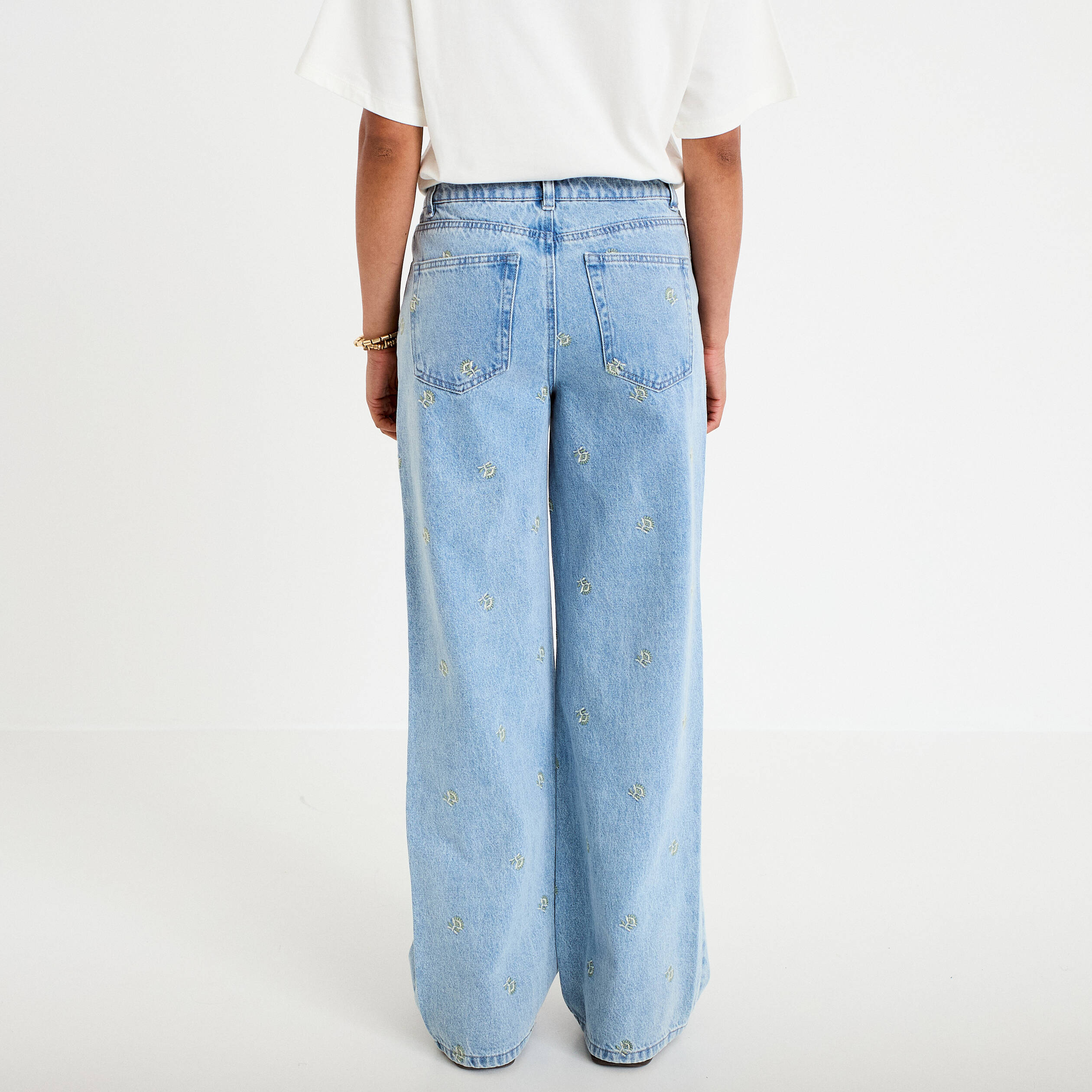 Jean wide leg taille haute brod&eacute; bleu femme
