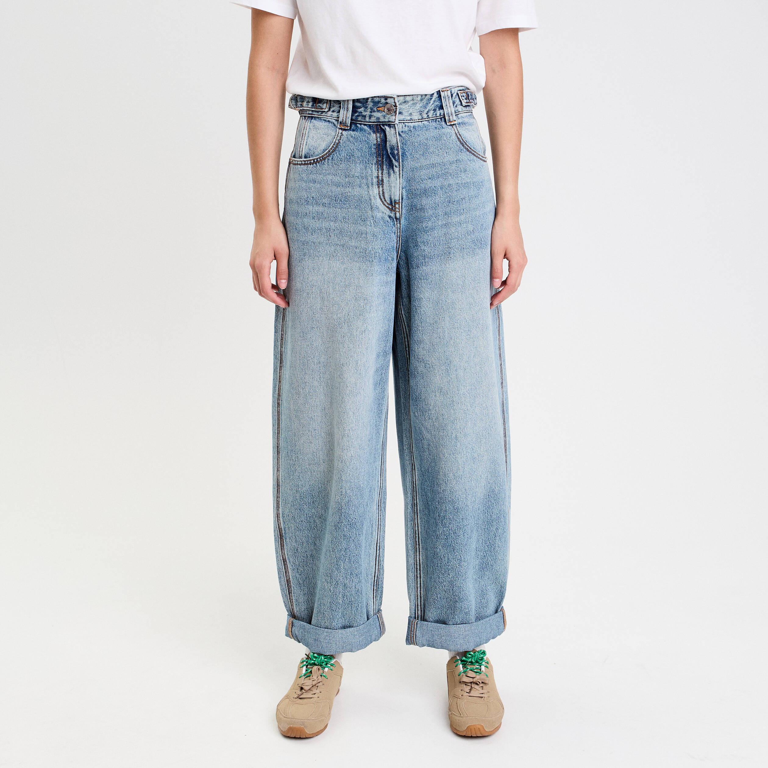 Jean barrel long en coton denim double stone femme