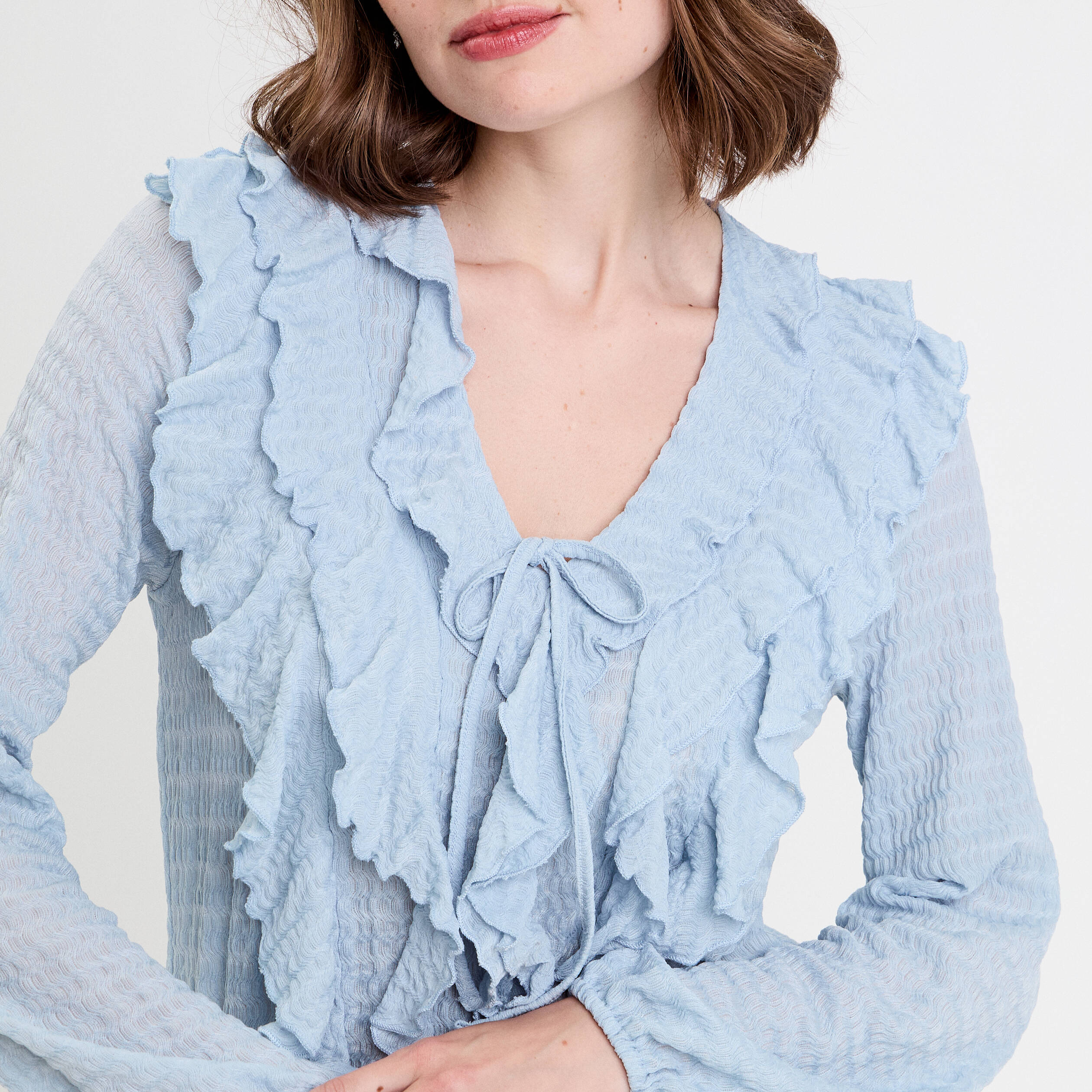 blouse manches longues aspect dentelle bleu clair femme Blouse manches longues aspect dentelle bleu clair femme