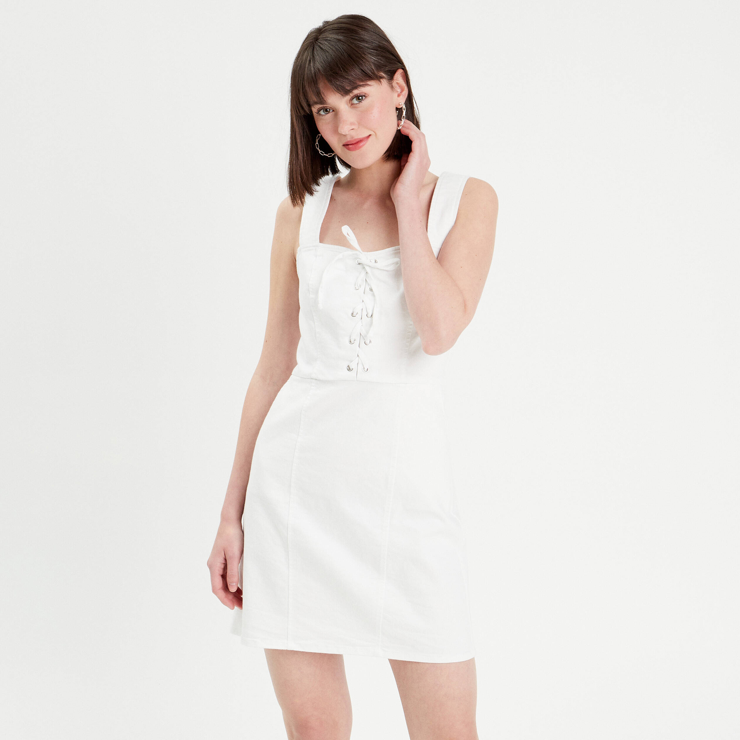 Robe ajust&eacute;e col la&ccedil;age jean ecru femme
