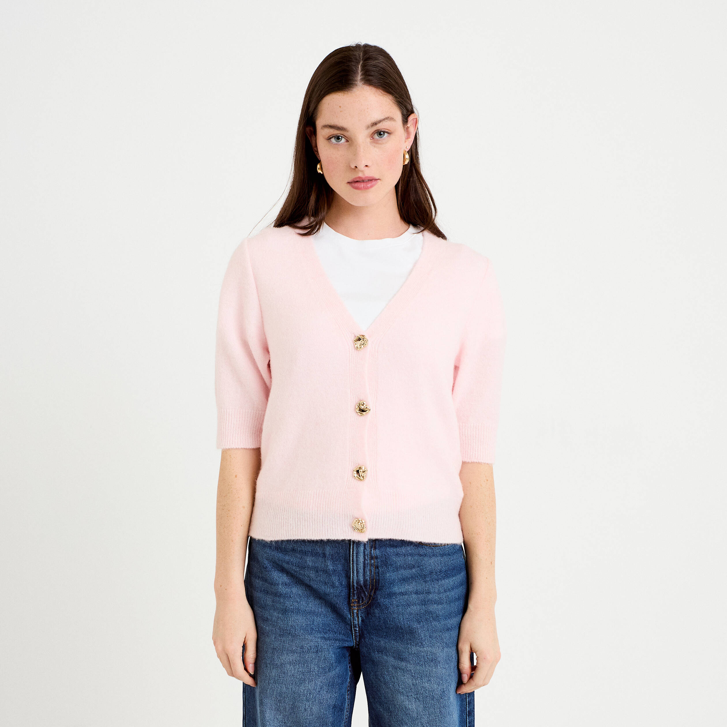 Gilet duveteux col v manches longues rose clair femme