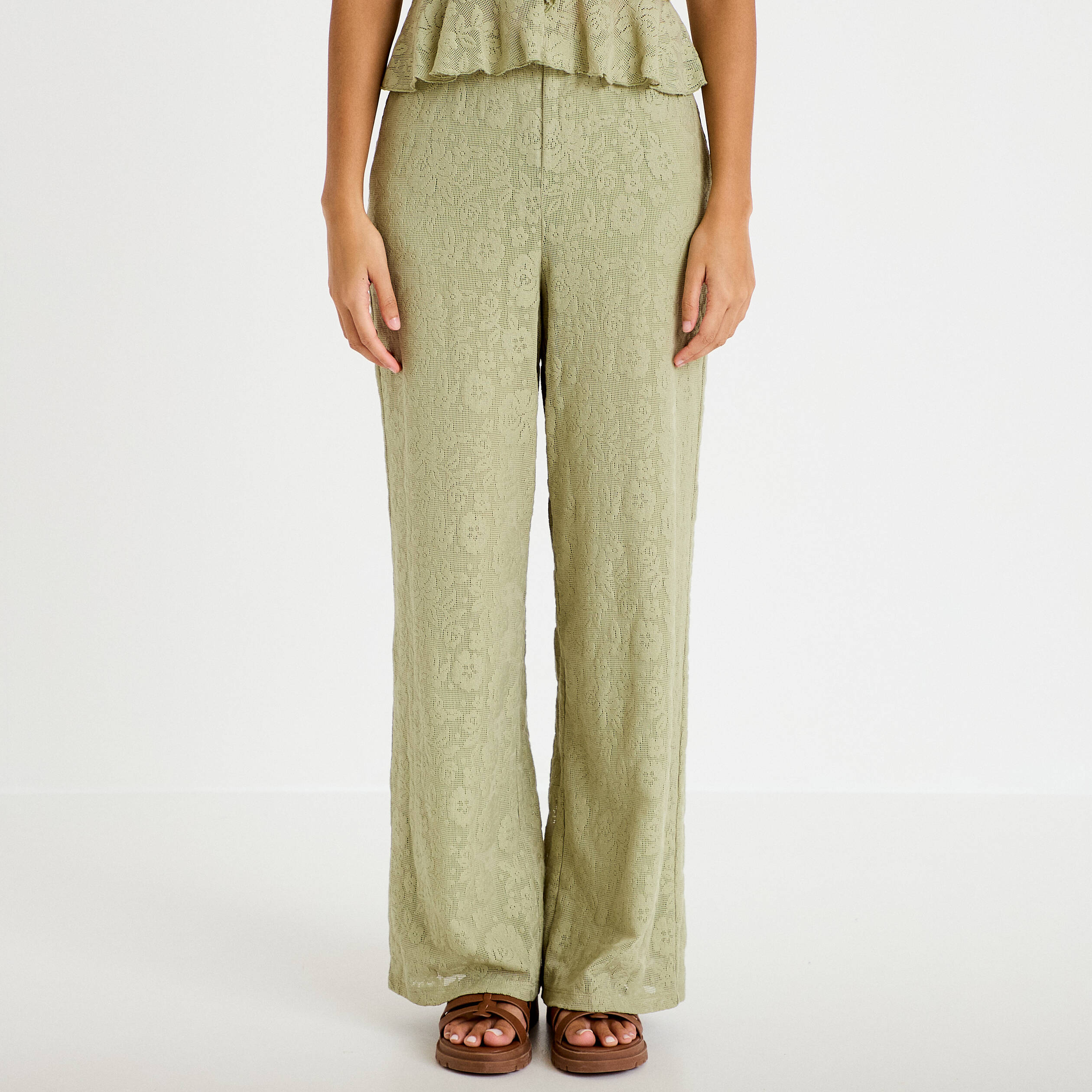 Pantalon large taille haute vert kaki femme