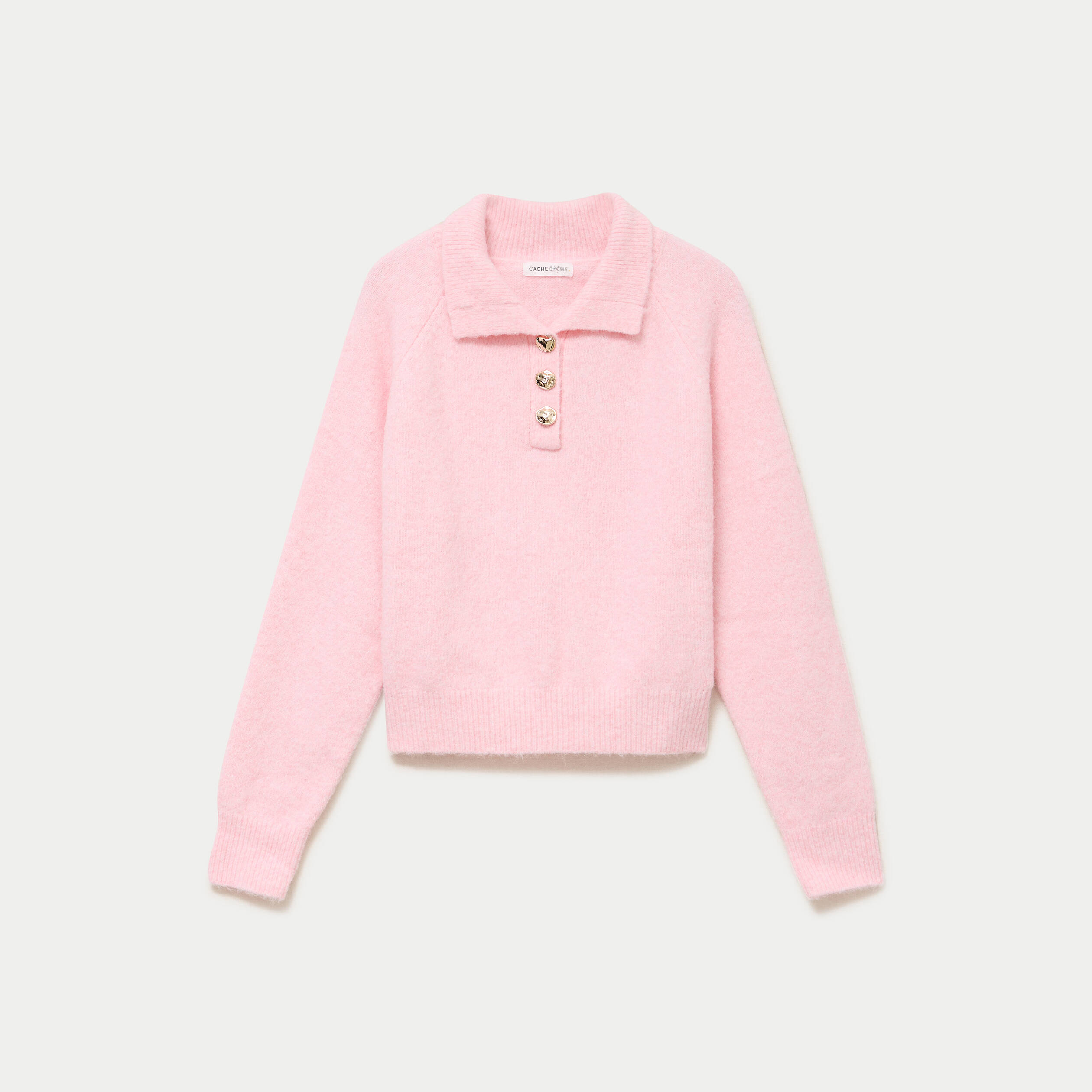 Polo manches longues col chemise rose clair femme