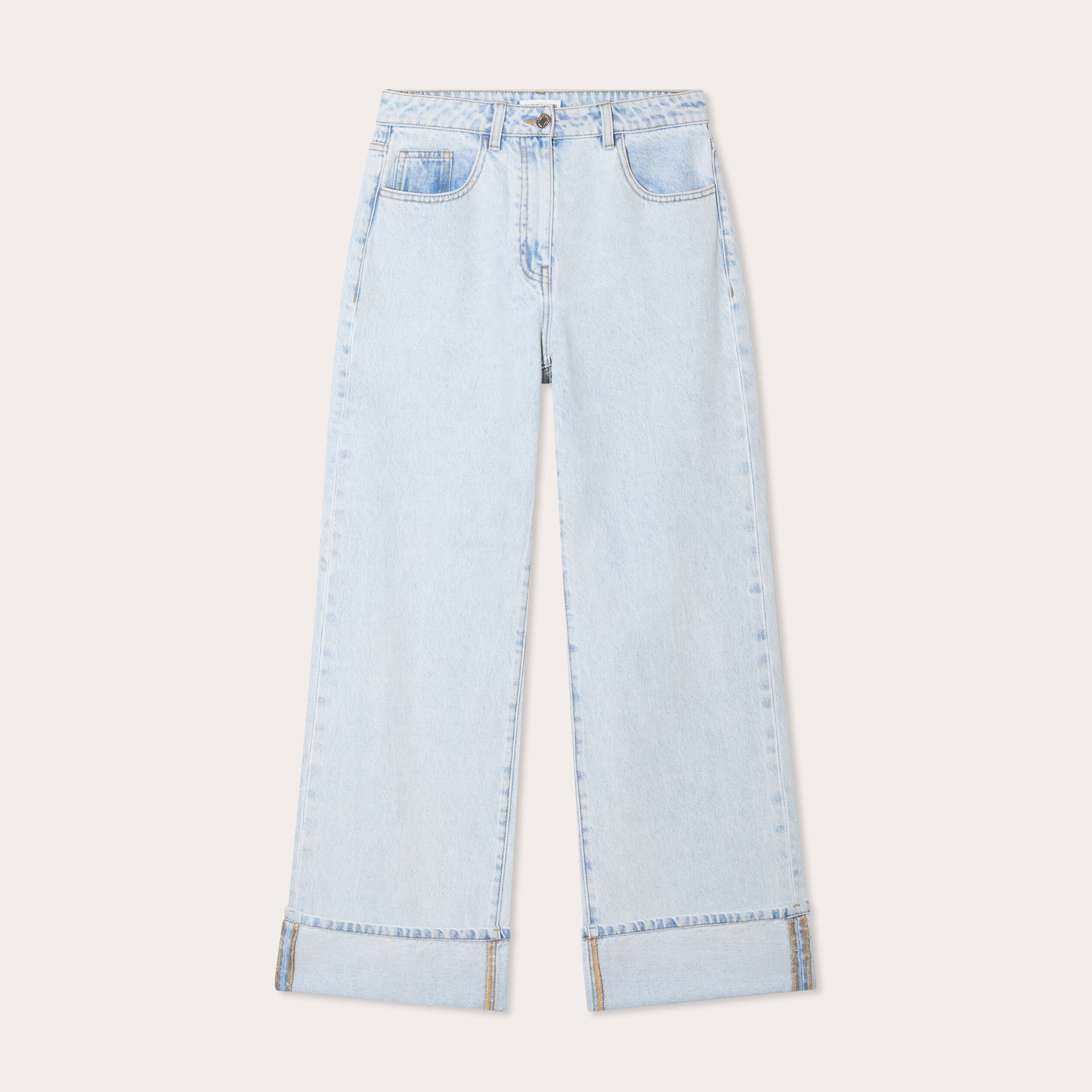 Jeans droit &agrave; revers denim bleach femme