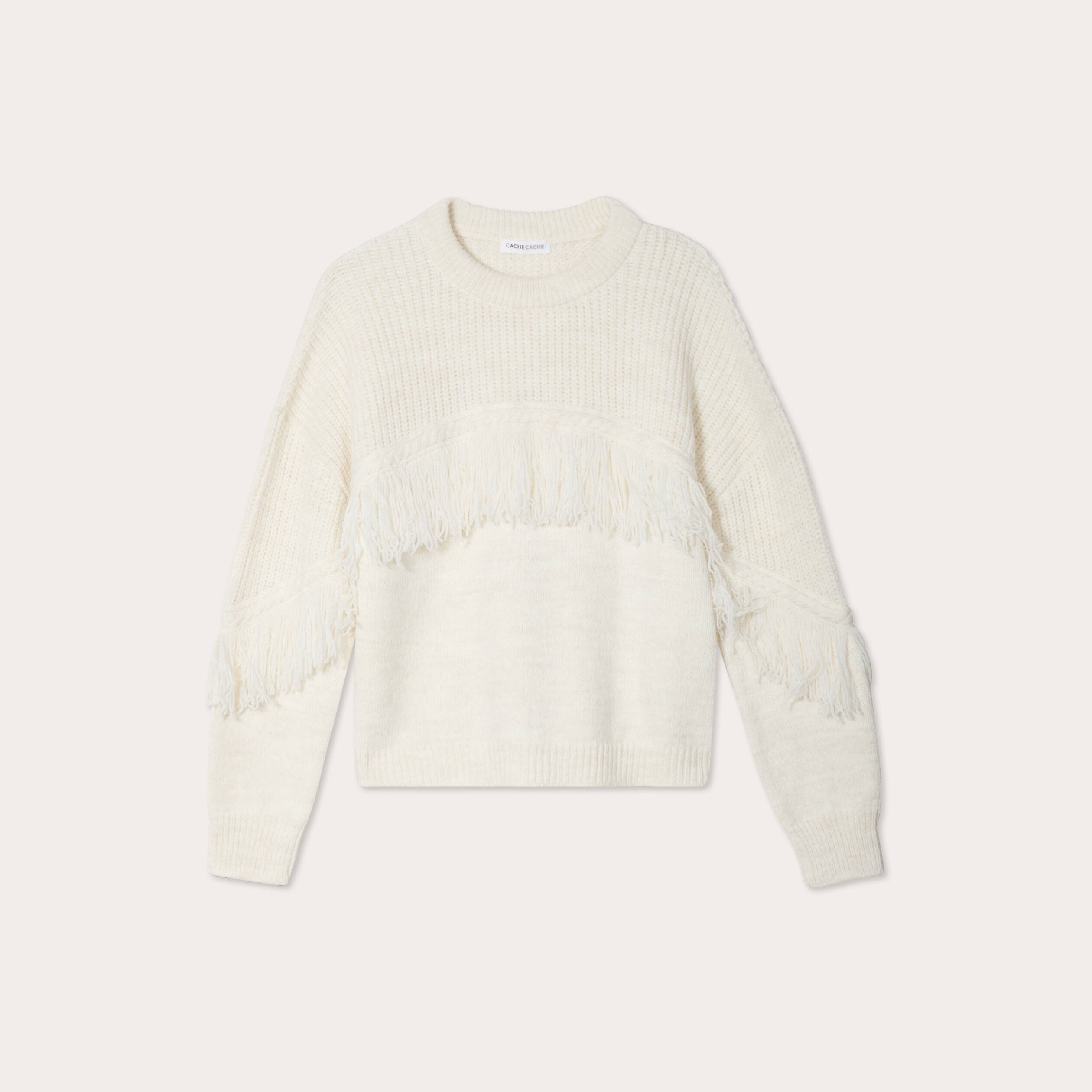 Pull avec franges ecru femme