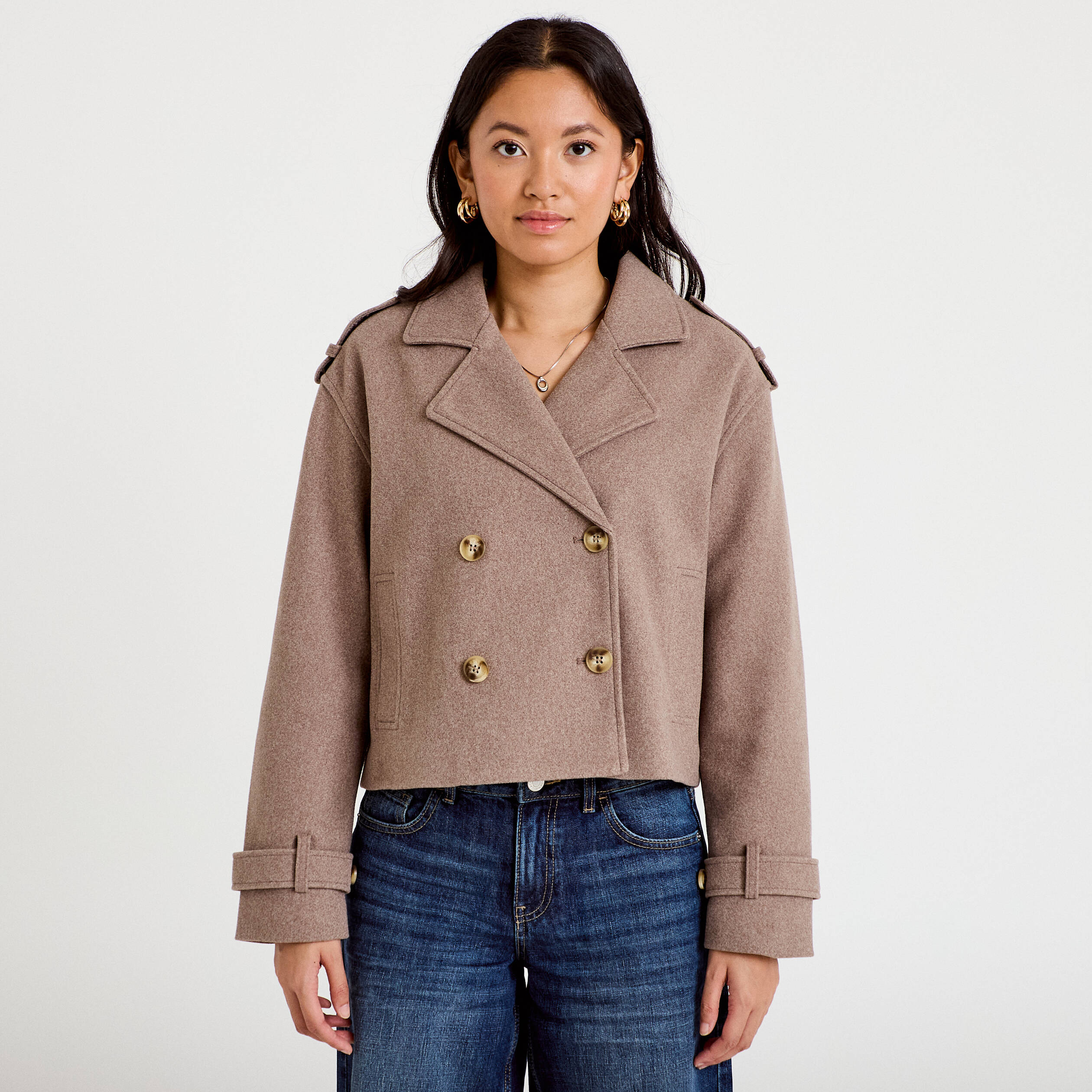 Trench court boutonn&eacute; taupe femme