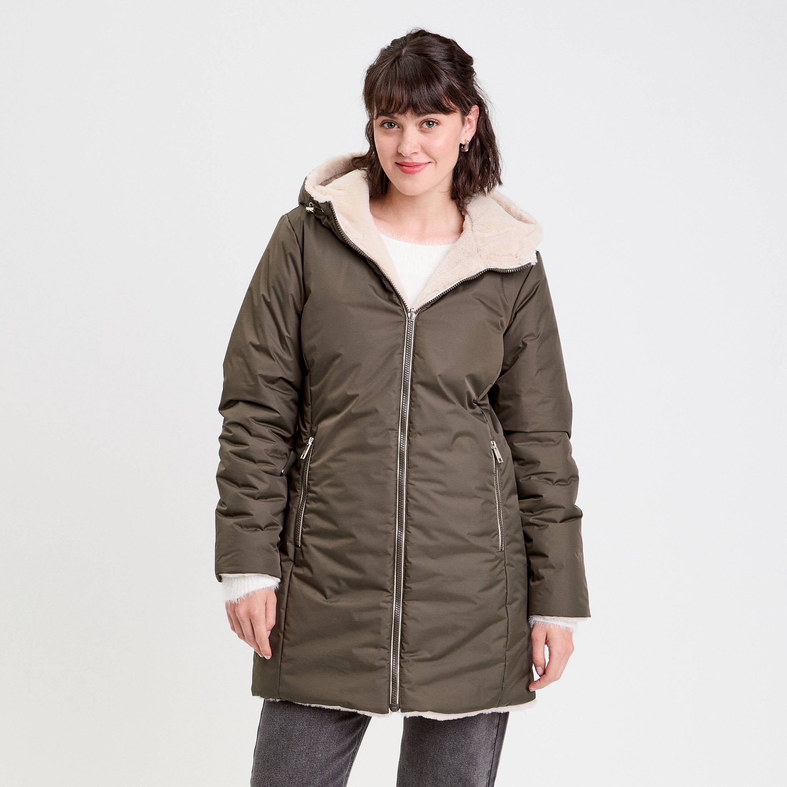 Parka r&eacute;versible &agrave; capuche vert kaki femme