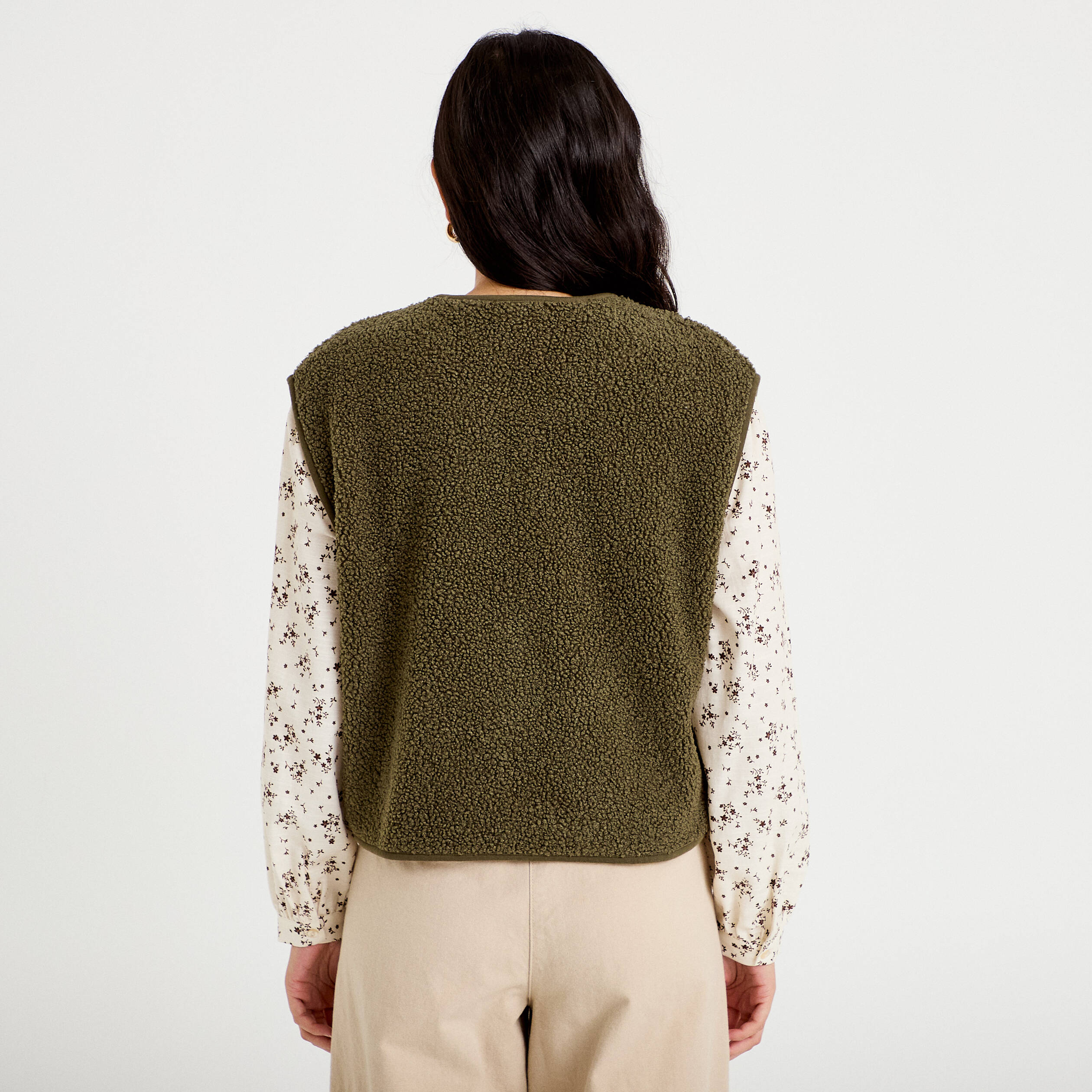 Gilet sans manches effet polaire vert kaki femme
