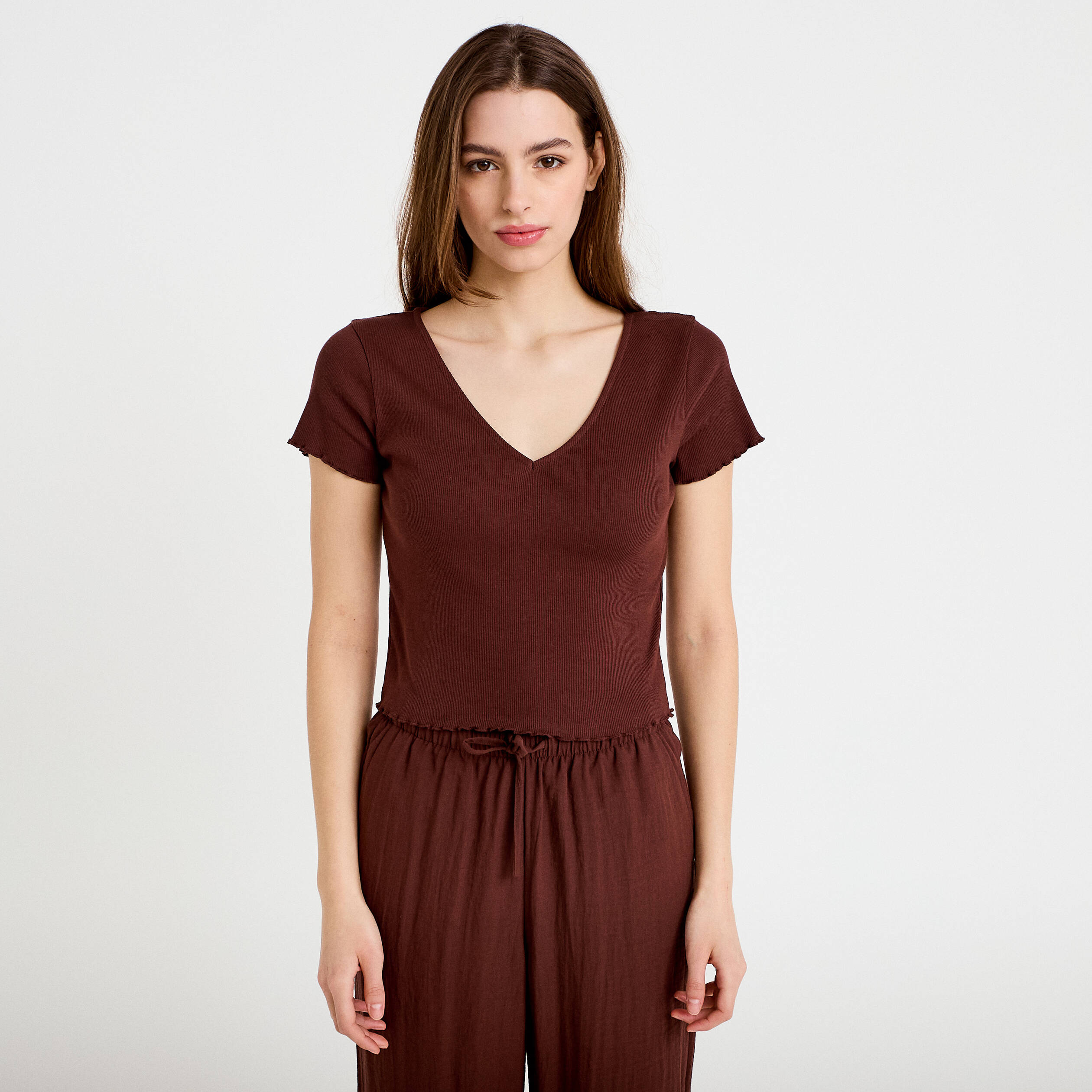 T-shirt c&ocirc;tel&eacute; manches courtes marron femme