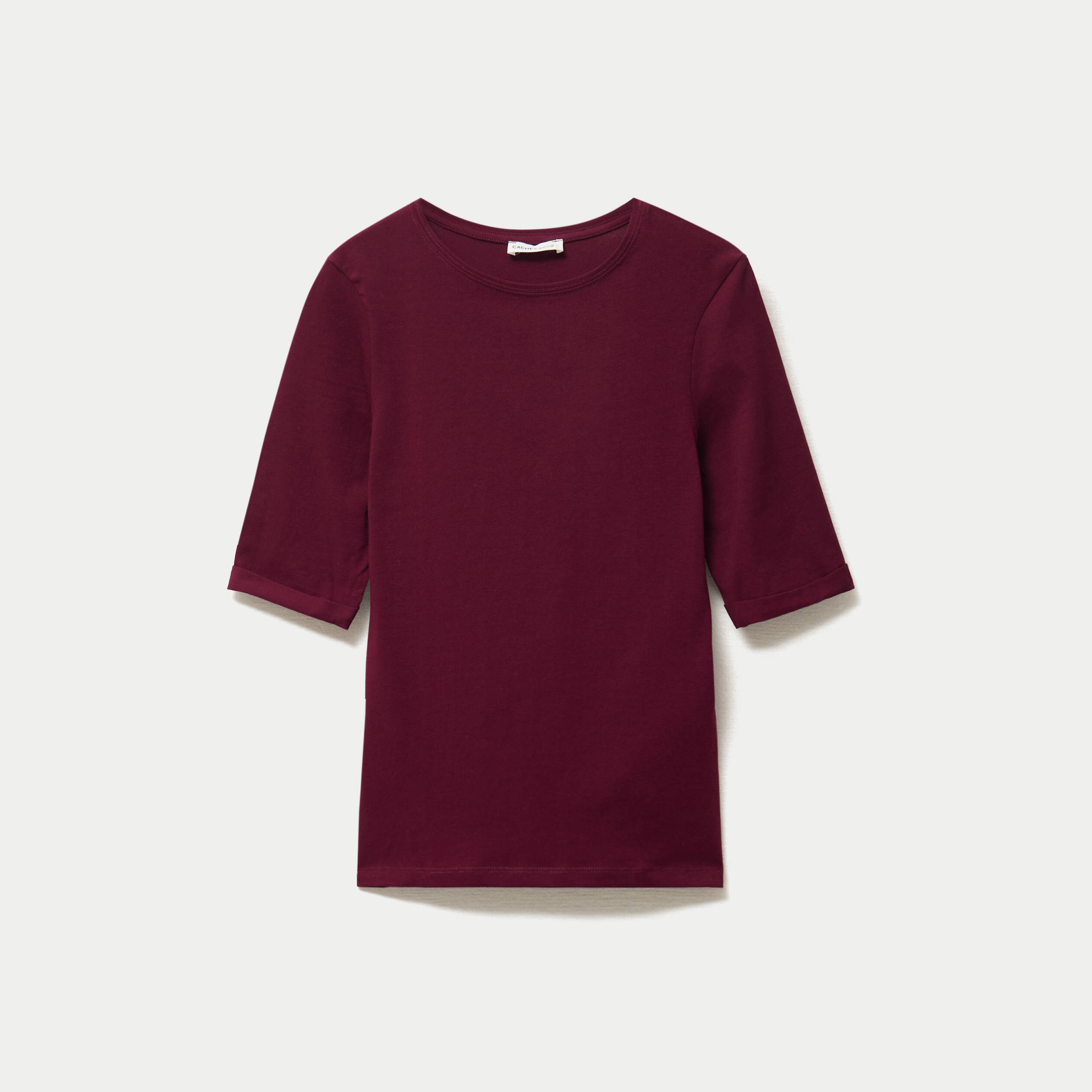 T-shirt ajust&eacute; col rond manches courtes bordeaux femme