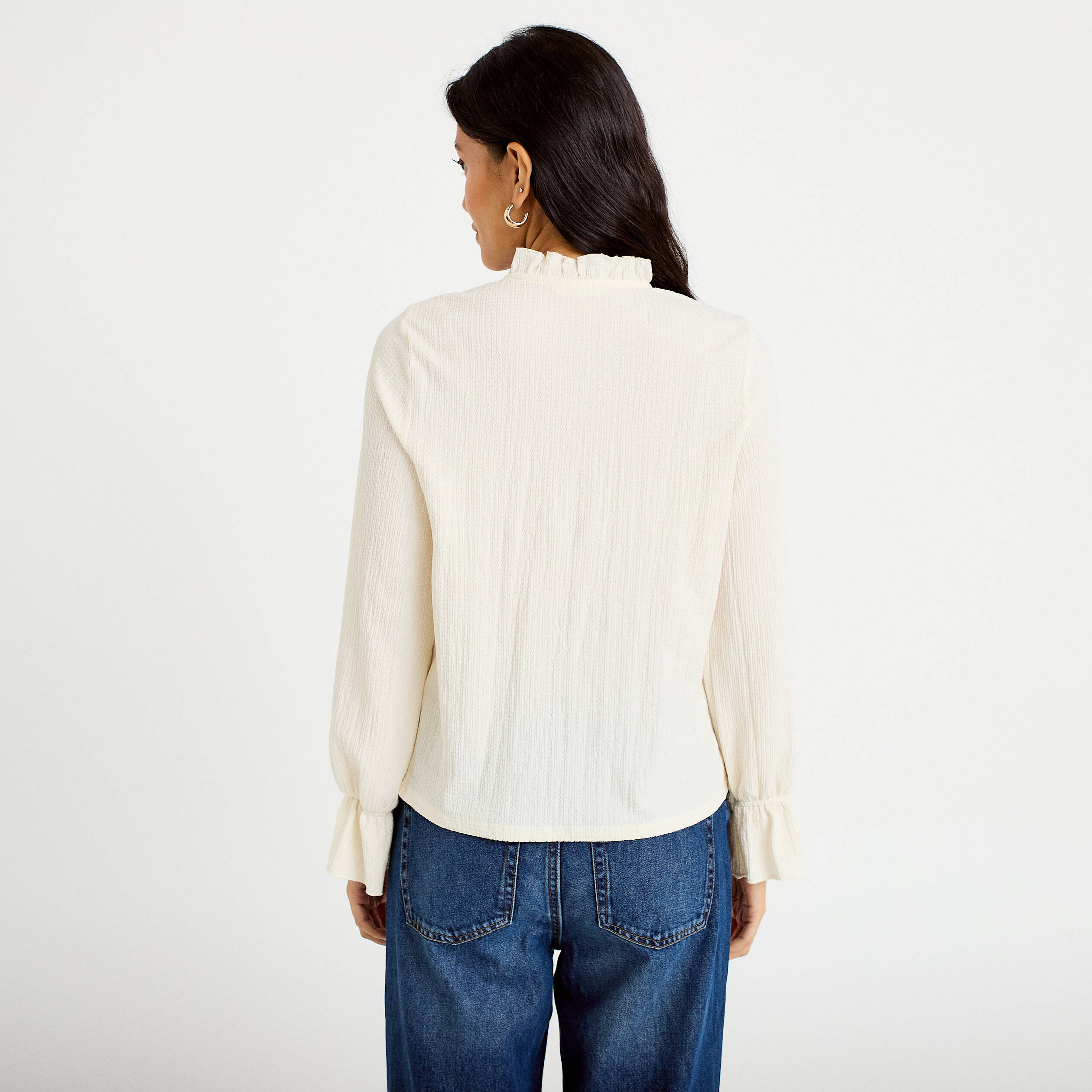 Blouse droite manches longues pliss&eacute;e ivoire femme