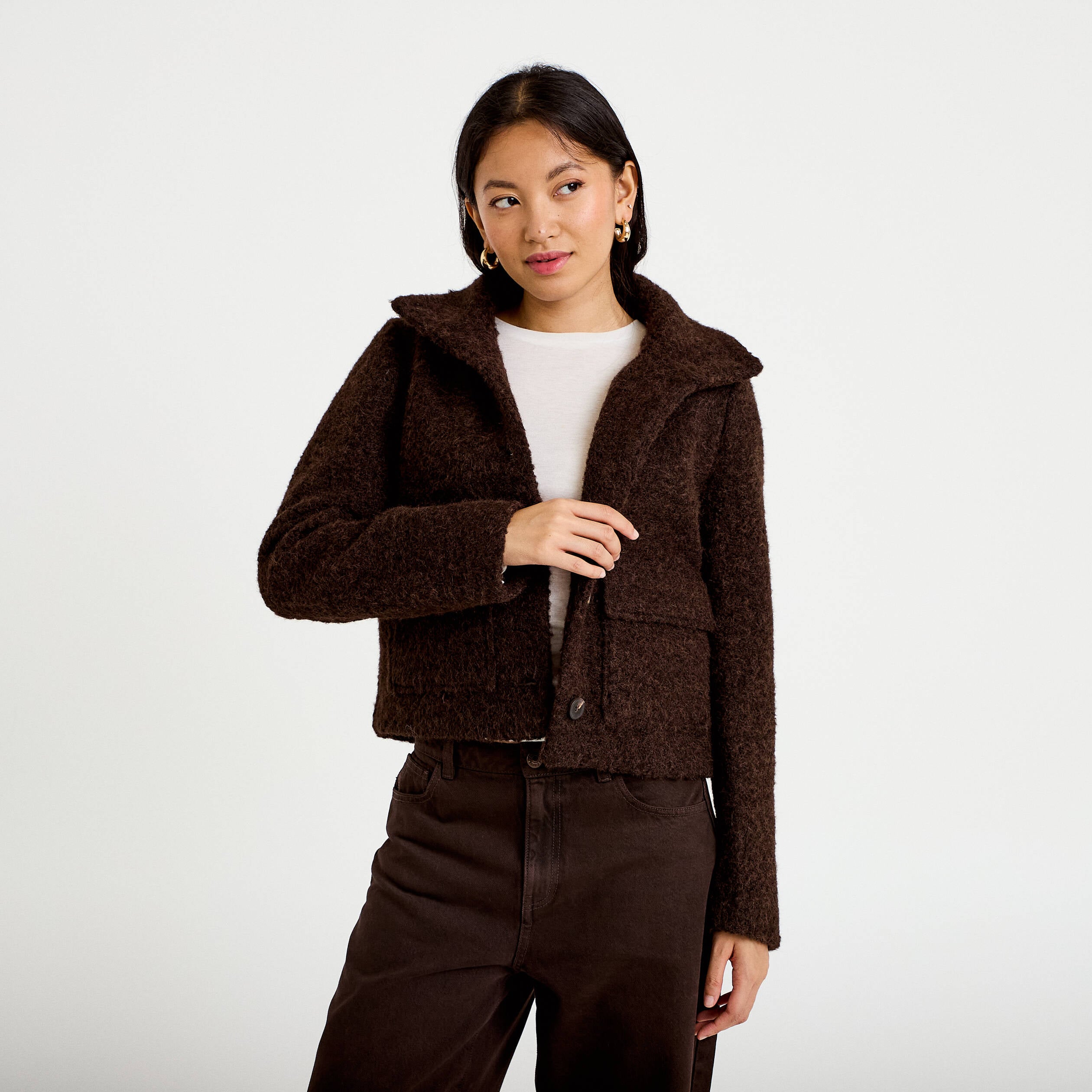 Veste droite bouclette col montant marron fonc&eacute; femme