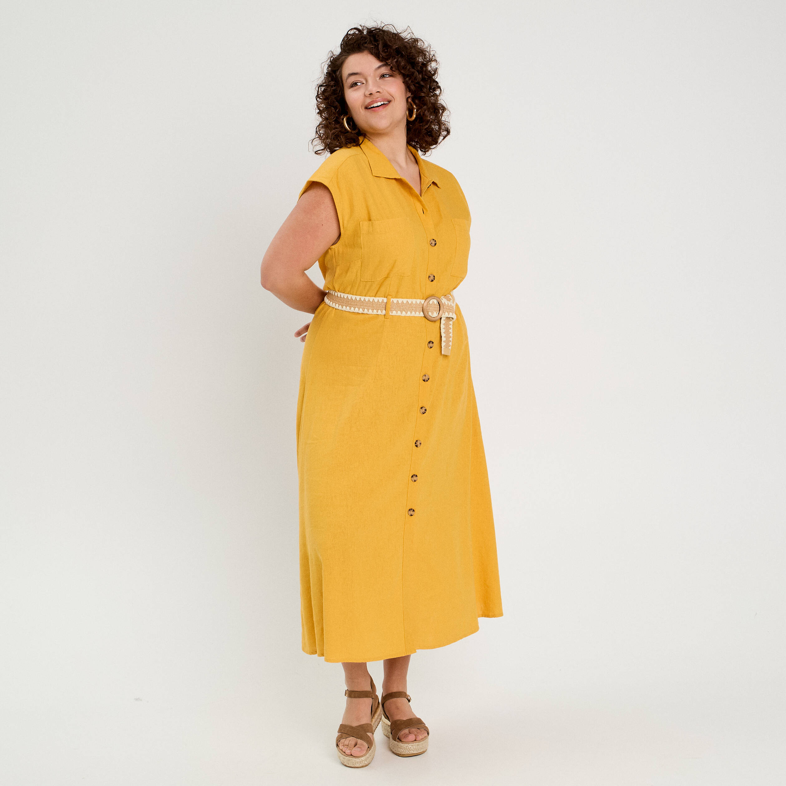 Robe chemise midi contenant du lin jaune citron femme
