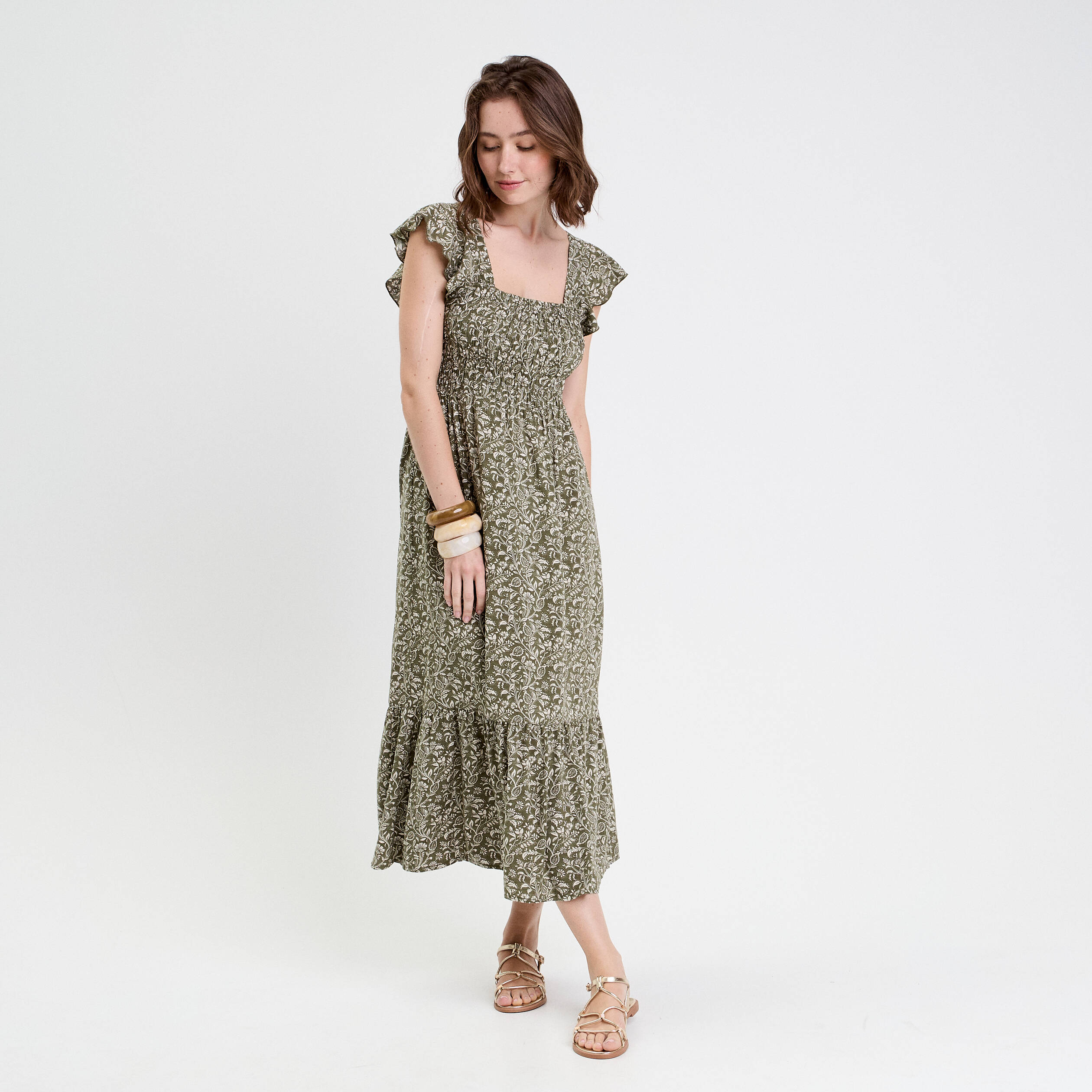 robe longue evasee smockee vert kaki femme Robe longue évasée smockée vert kaki femme