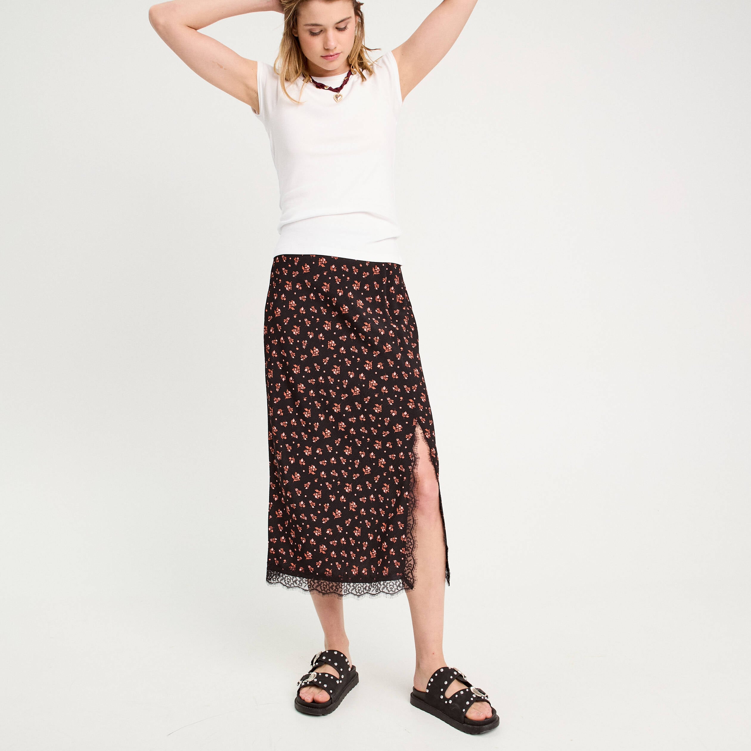 Jupe midi droite fendue noir femme