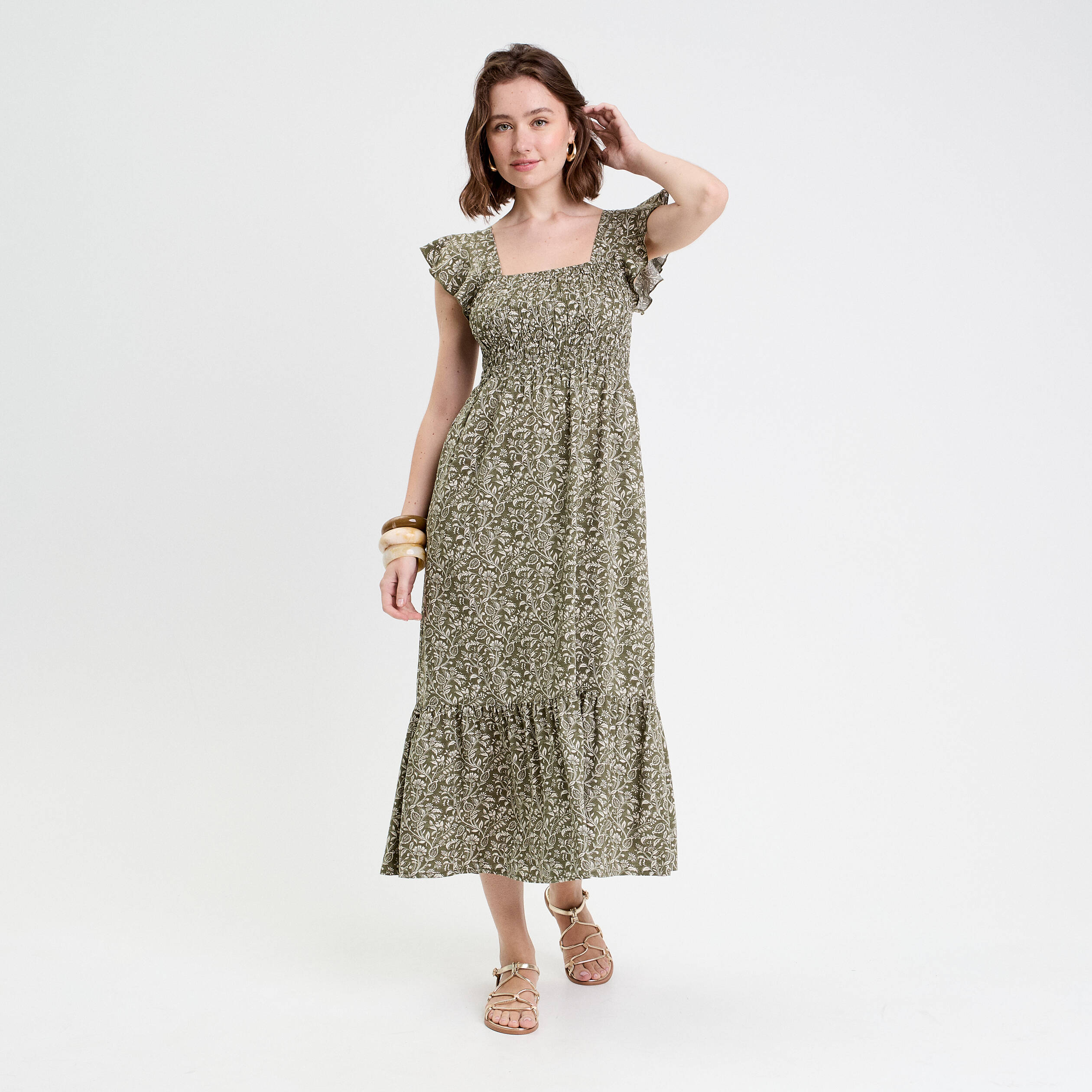 robe longue evasee smockee vert kaki femme Robe longue évasée smockée vert kaki femme