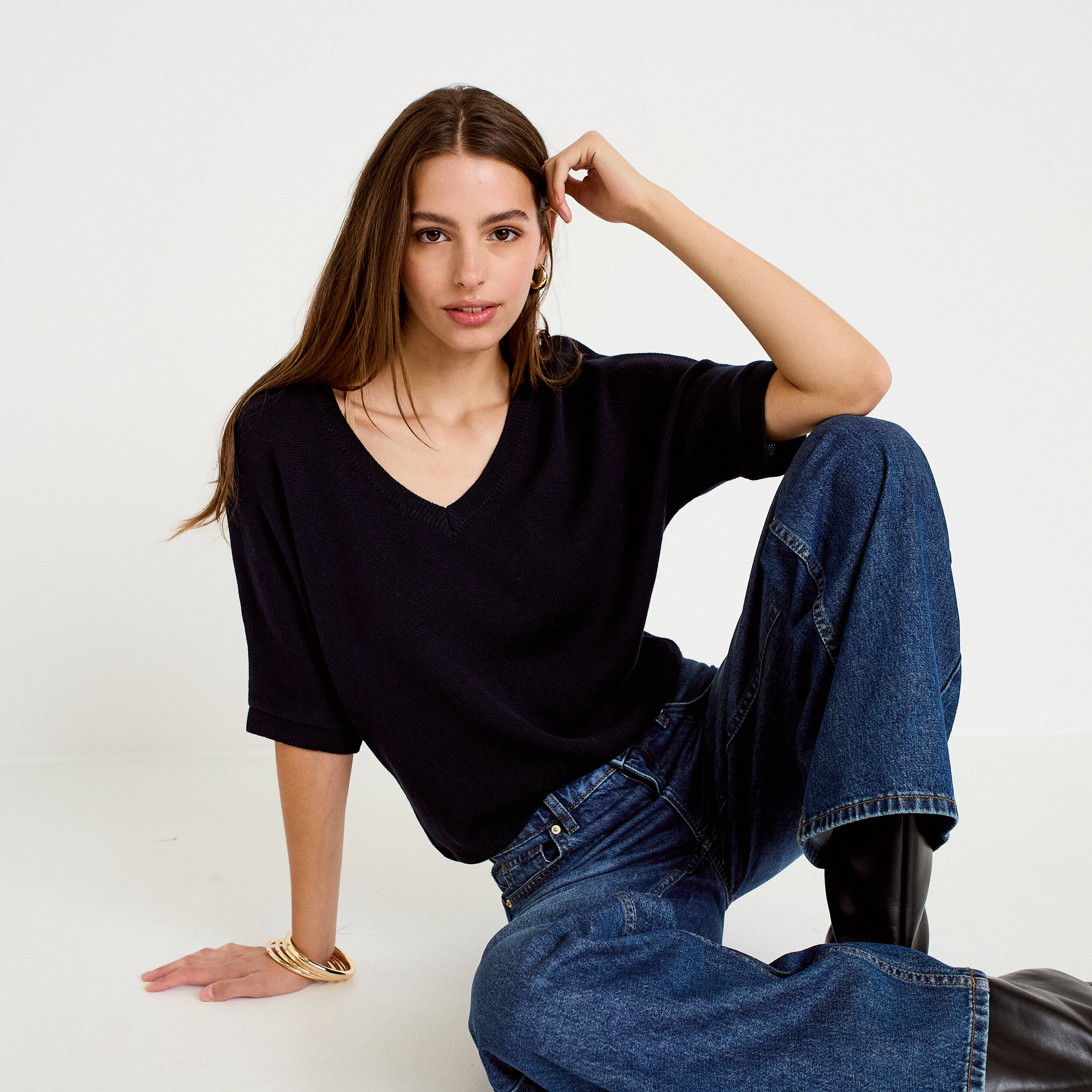 Pull ample col v manches courtes bleu marine femme