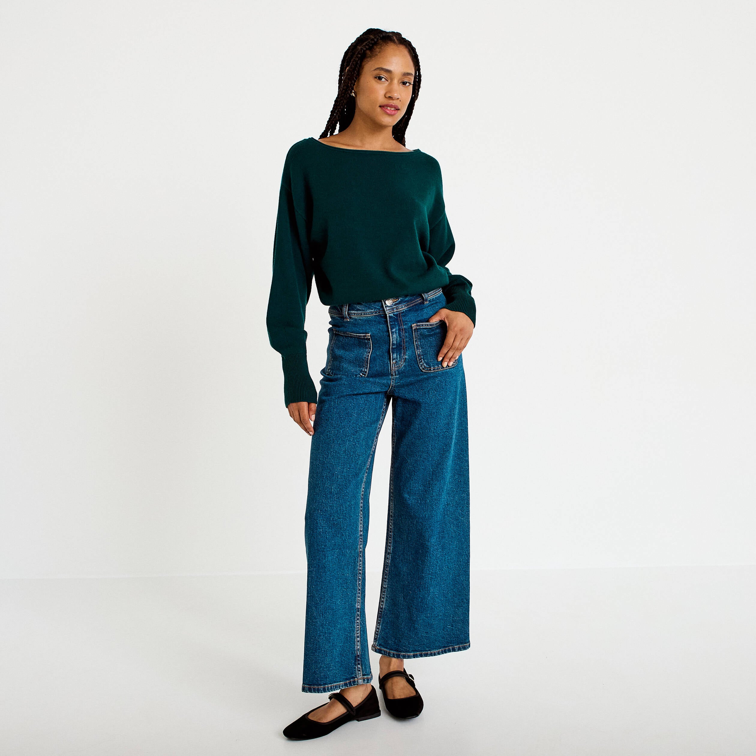 Pull oversize col bateau manches longues vert fonc&eacute; femme